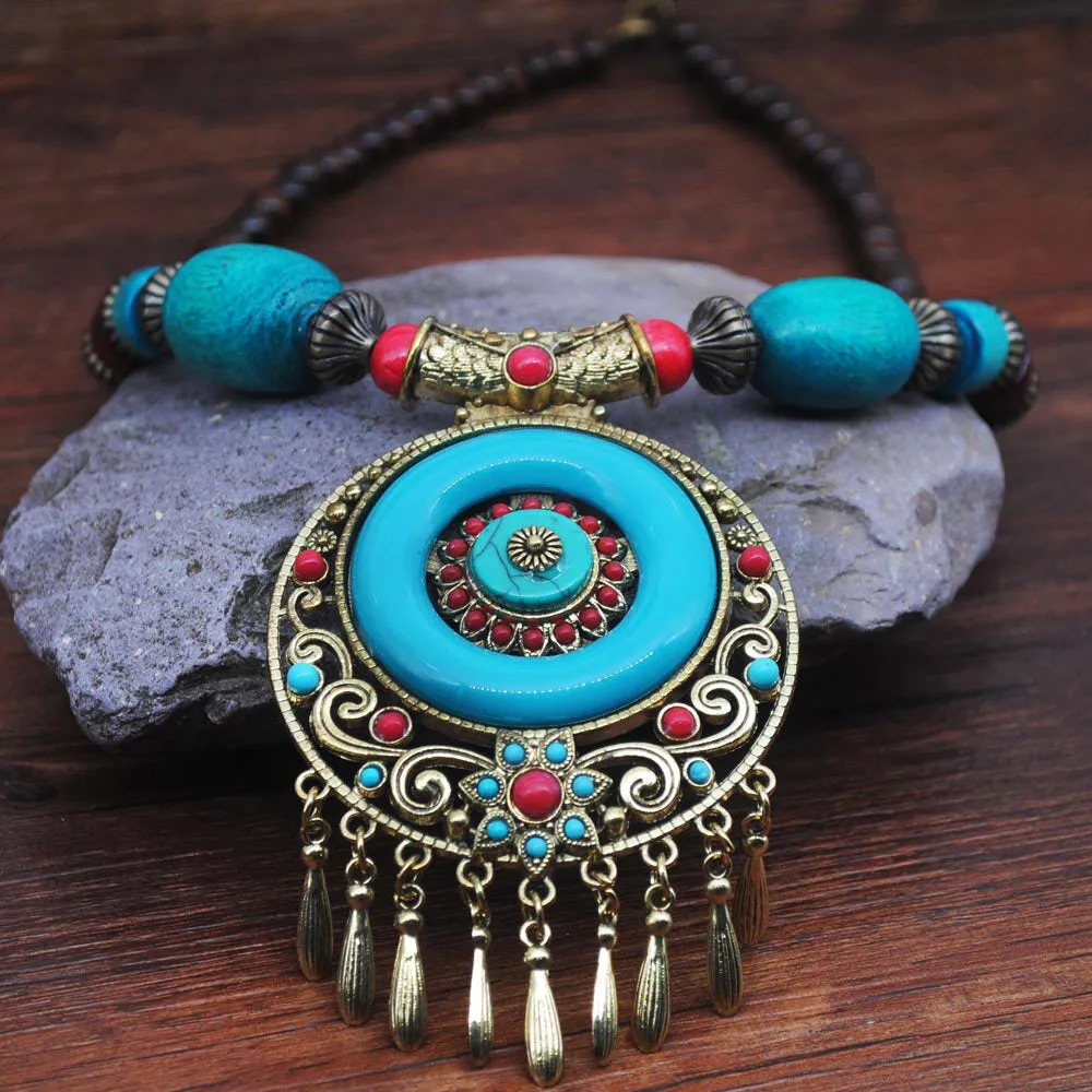 Miao National Exotic National Wind Necklace Female Retro Wooden Beads Beach Tourism Place Bell Pendant