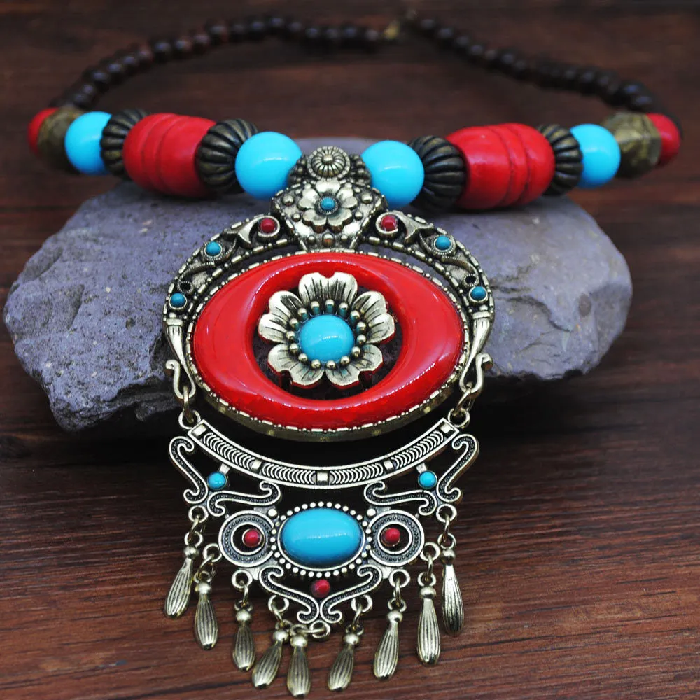 Miao National Exotic National Wind Necklace Female Retro Wooden Beads Beach Tourism Place Bell Pendant