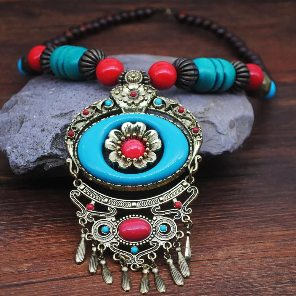 Miao National Exotic National Wind Necklace Female Retro Wooden Beads Beach Tourism Place Bell Pendant