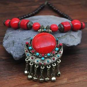 Miao National Exotic National Wind Necklace Female Retro Wooden Beads Beach Tourism Place Bell Pendant