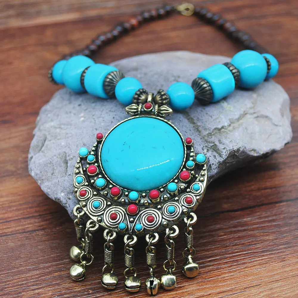 Miao National Exotic National Wind Necklace Female Retro Wooden Beads Beach Tourism Place Bell Pendant