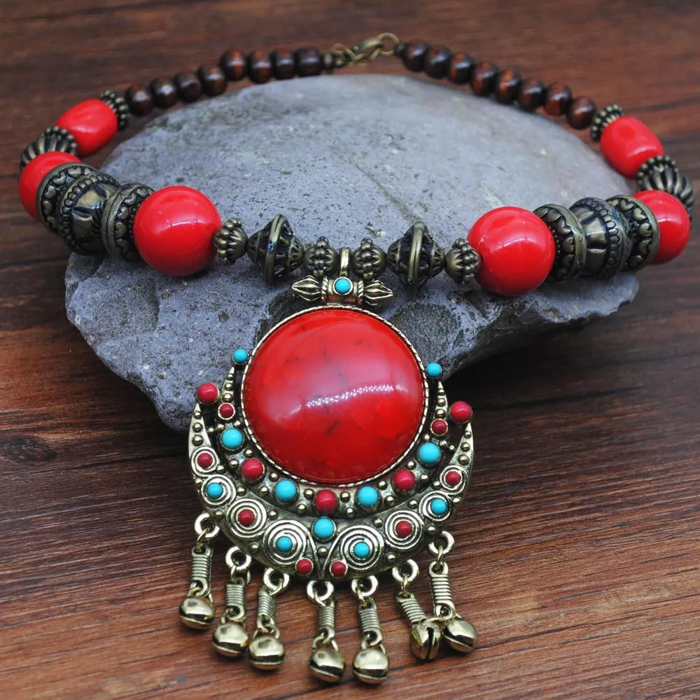 Miao National Exotic National Wind Necklace Female Retro Wooden Beads Beach Tourism Place Bell Pendant