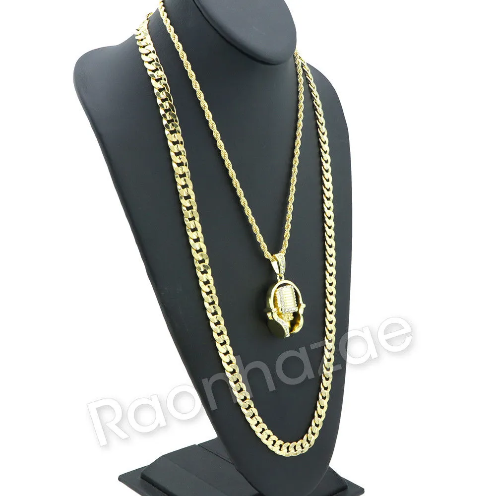 MIC & HEADPHONE CHARM ROPE CHAIN DIAMOND CUT CUBAN CHAIN NECKLACE G71