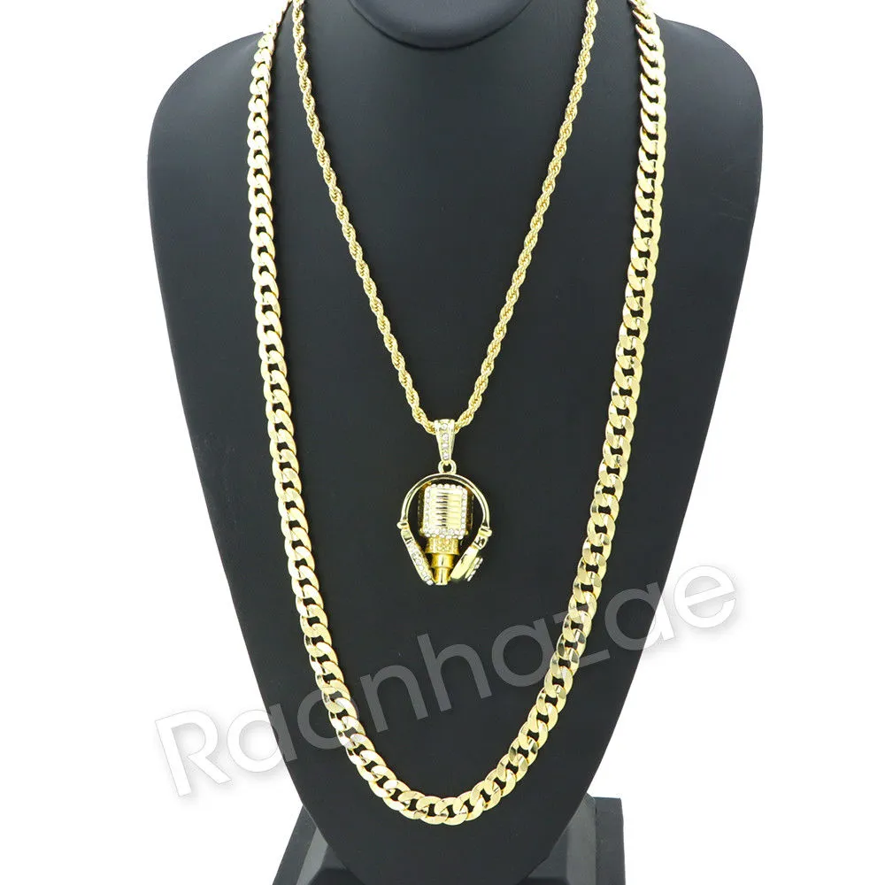 MIC & HEADPHONE CHARM ROPE CHAIN DIAMOND CUT CUBAN CHAIN NECKLACE G71