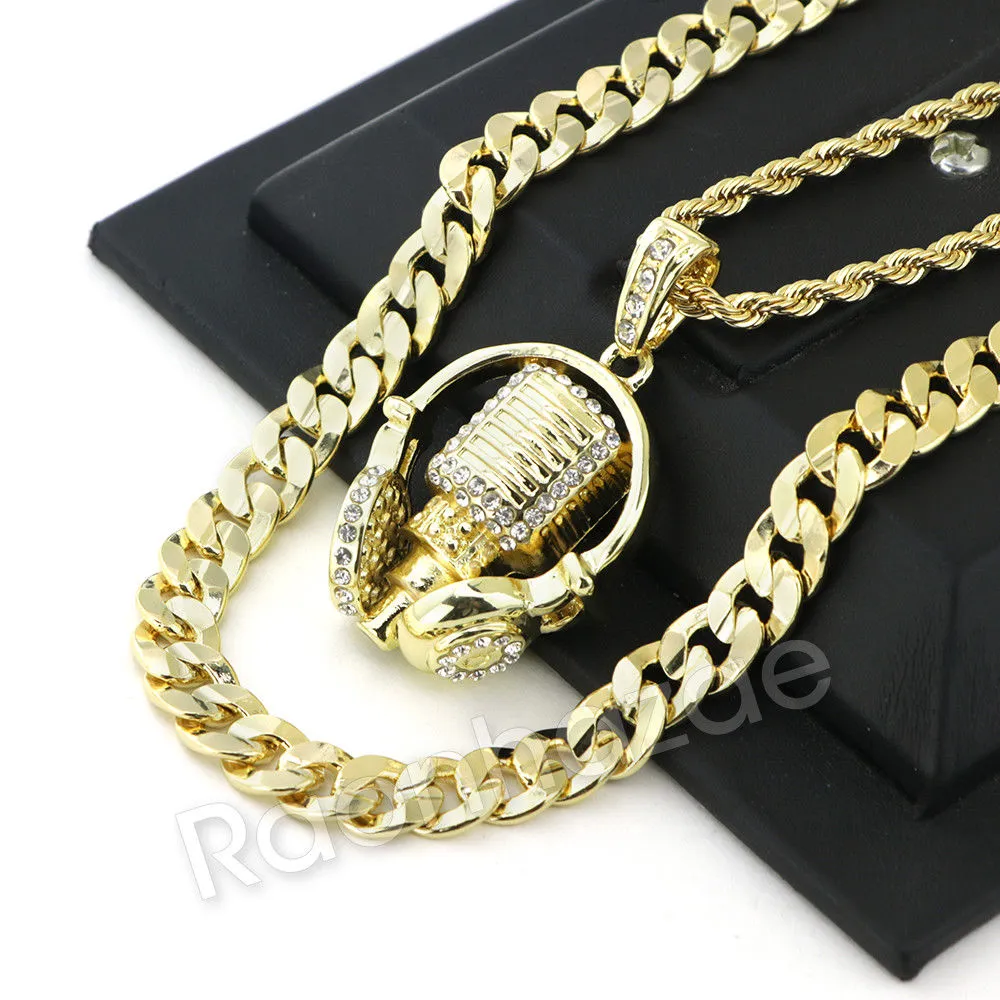 MIC & HEADPHONE CHARM ROPE CHAIN DIAMOND CUT CUBAN CHAIN NECKLACE G71