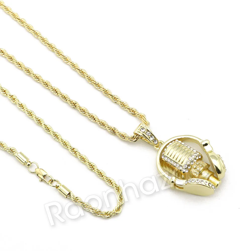MIC & HEADPHONE CHARM ROPE CHAIN DIAMOND CUT CUBAN CHAIN NECKLACE G71