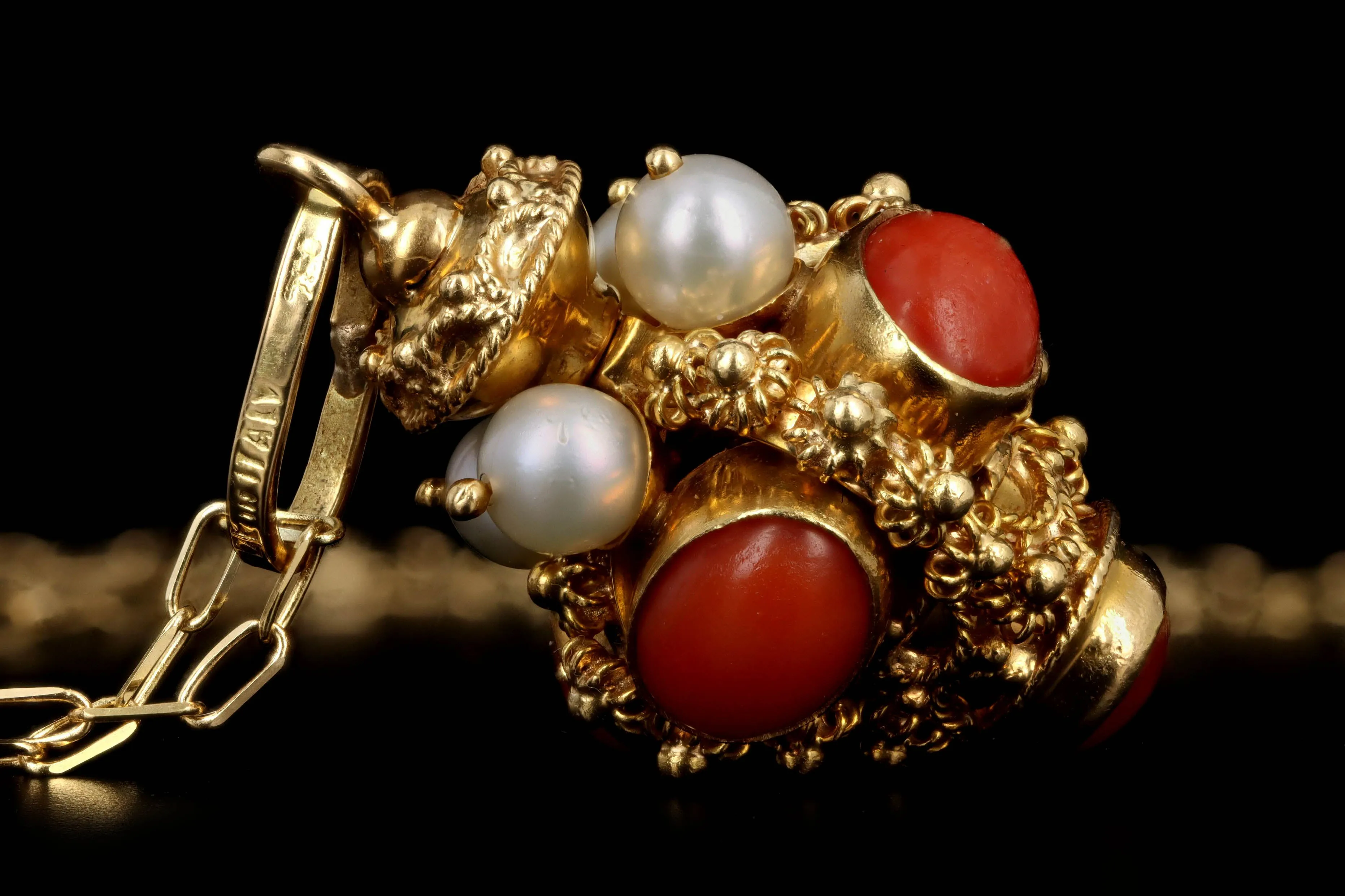 Mid Century Italian Etruscan Revival 18K Yellow Gold Coral & Cultured Pearl Charm Pendant Necklace