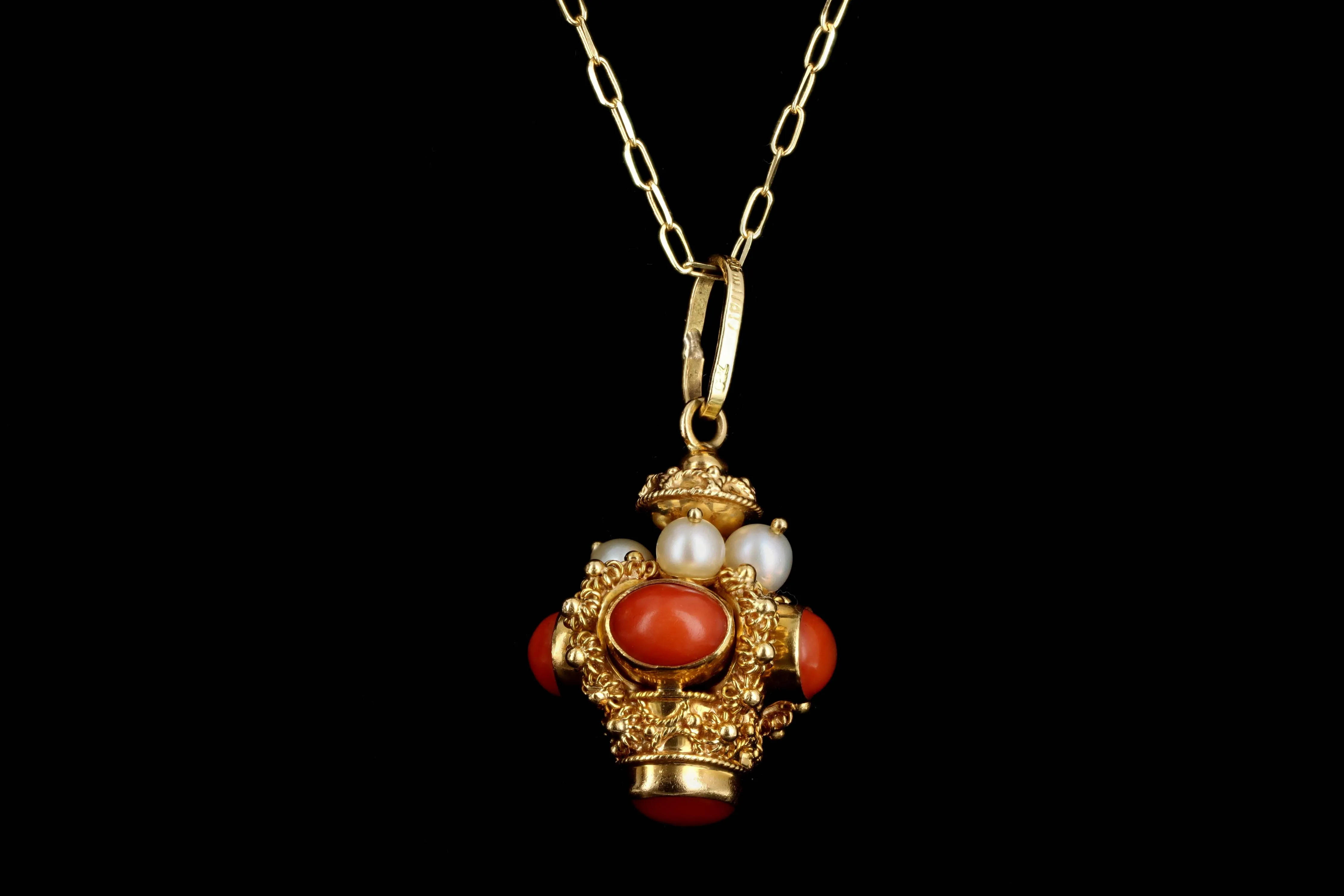 Mid Century Italian Etruscan Revival 18K Yellow Gold Coral & Cultured Pearl Charm Pendant Necklace