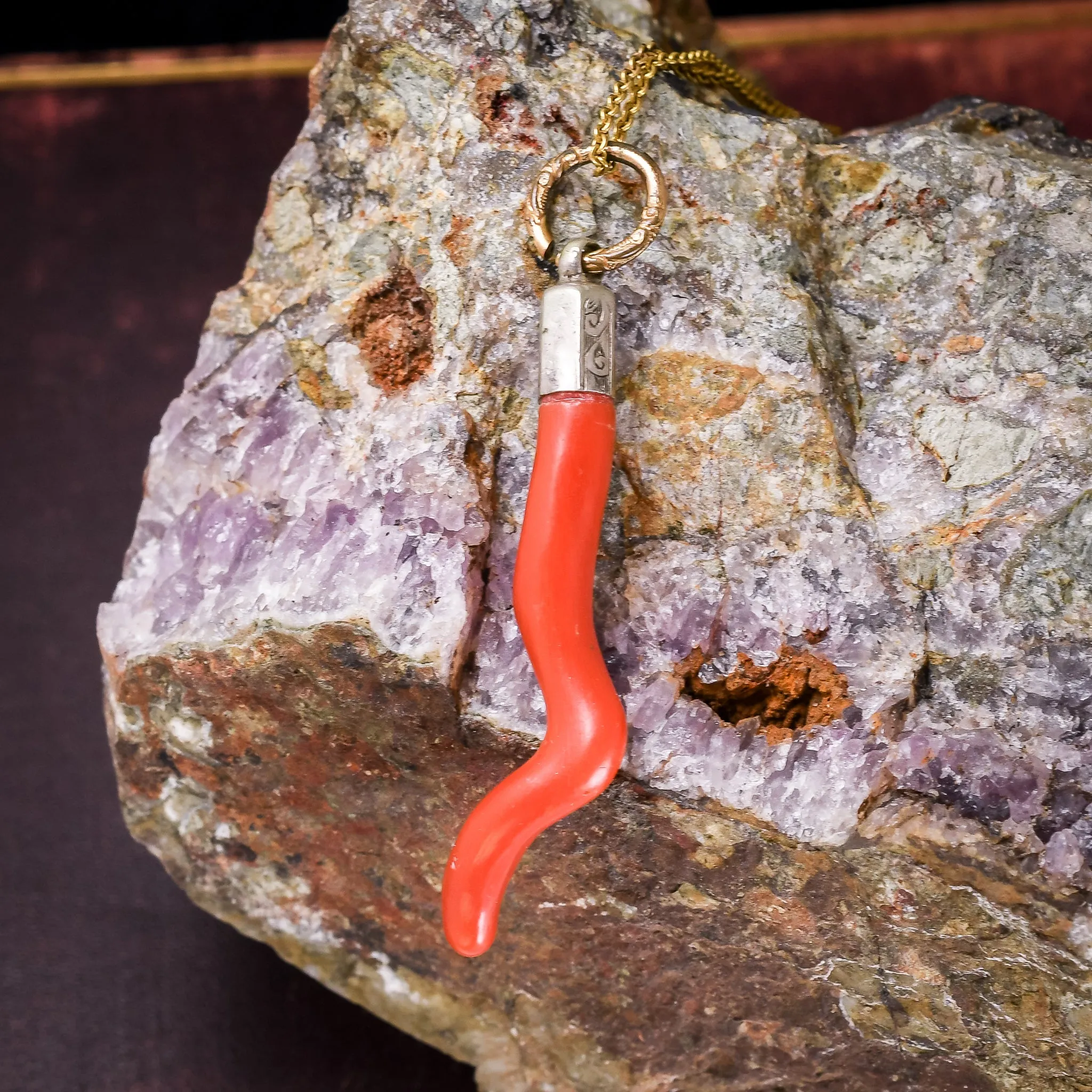 Mid-Victorian Red Coral Cornicello Talisman