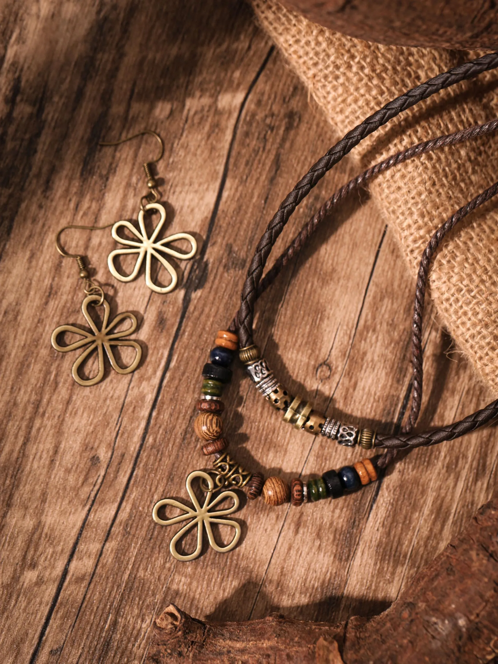 MINACHI Ethnic Boho Colorful Braided Rope Necklace, Multi-Layered, Wooden Beads, Copper Butterfly Pendant, Women's Jewelry