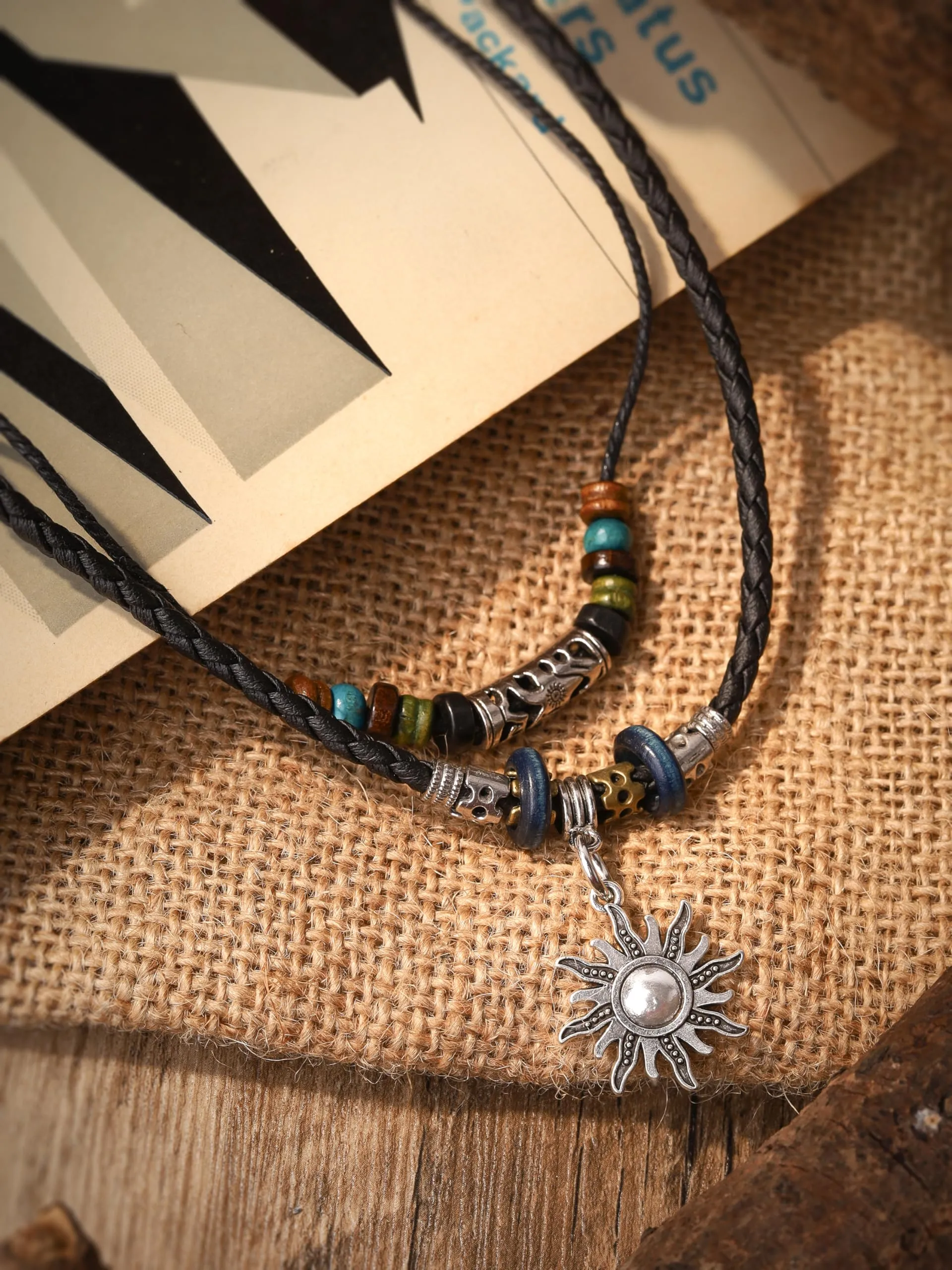 MINACHI Ethnic Boho Colorful Braided Rope Necklace, Multi-Layered, Wooden Beads, Copper Butterfly Pendant, Women's Jewelry