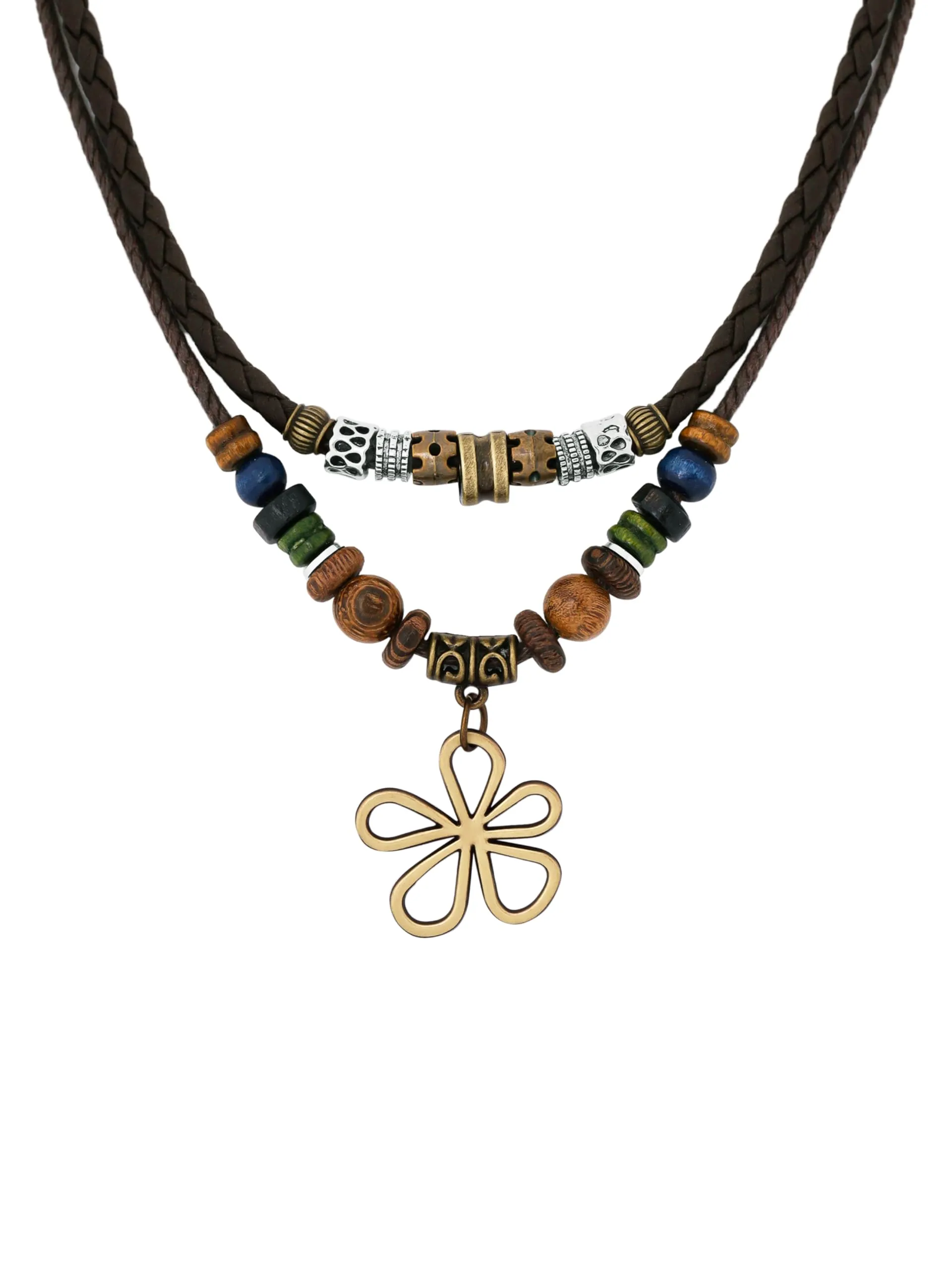MINACHI Ethnic Boho Colorful Braided Rope Necklace, Multi-Layered, Wooden Beads, Copper Butterfly Pendant, Women's Jewelry