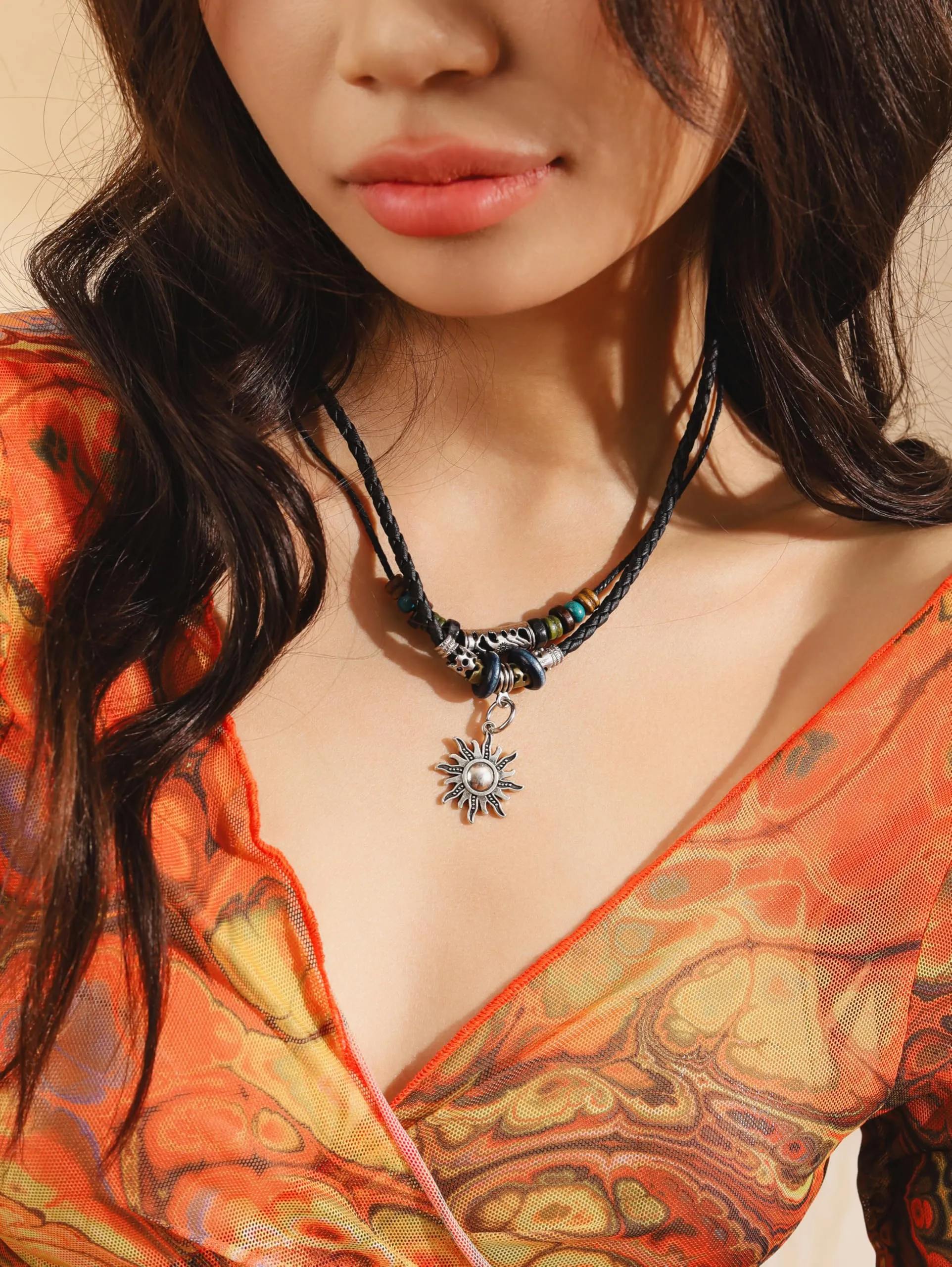 MINACHI Ethnic Boho Colorful Braided Rope Necklace, Multi-Layered, Wooden Beads, Copper Butterfly Pendant, Women's Jewelry