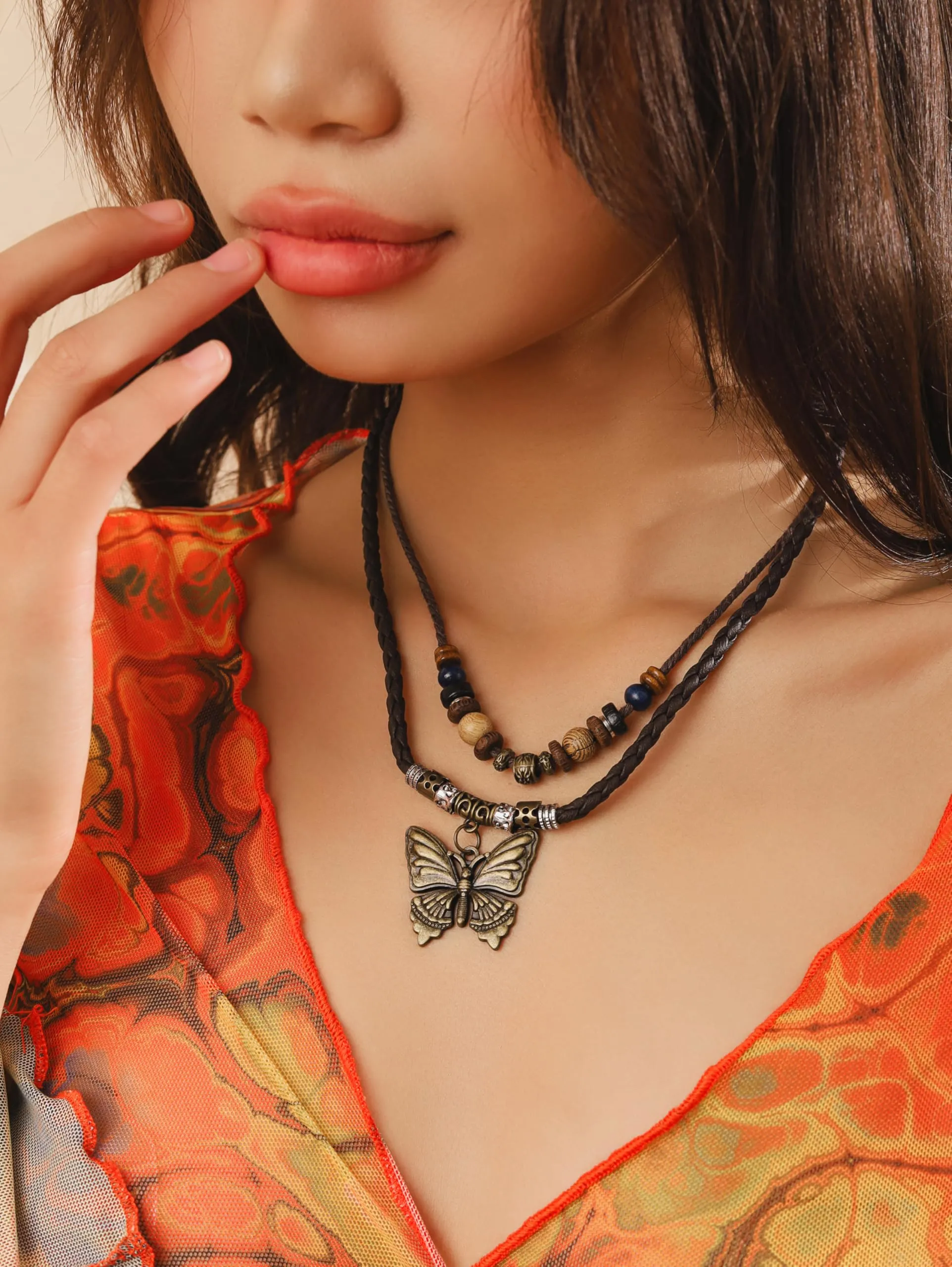 MINACHI Ethnic Boho Colorful Braided Rope Necklace, Multi-Layered, Wooden Beads, Copper Butterfly Pendant, Women's Jewelry
