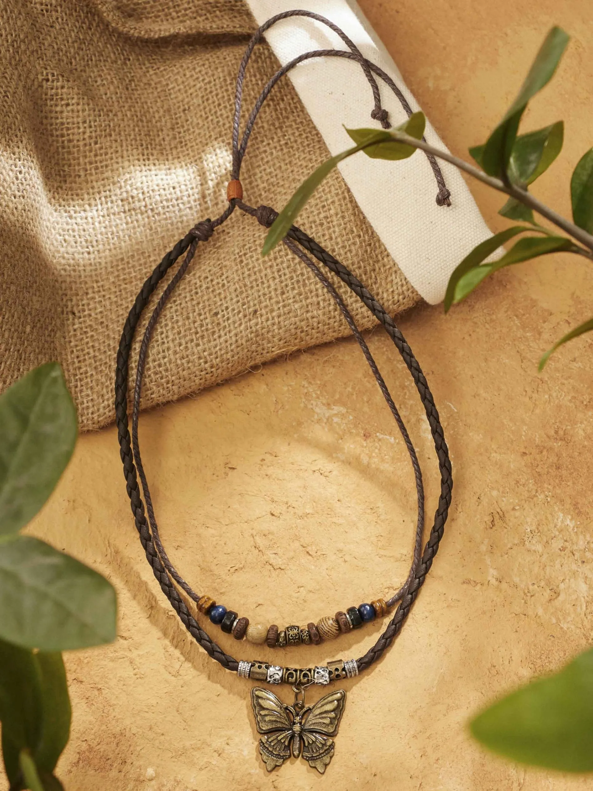 MINACHI Ethnic Boho Colorful Braided Rope Necklace, Multi-Layered, Wooden Beads, Copper Butterfly Pendant, Women's Jewelry