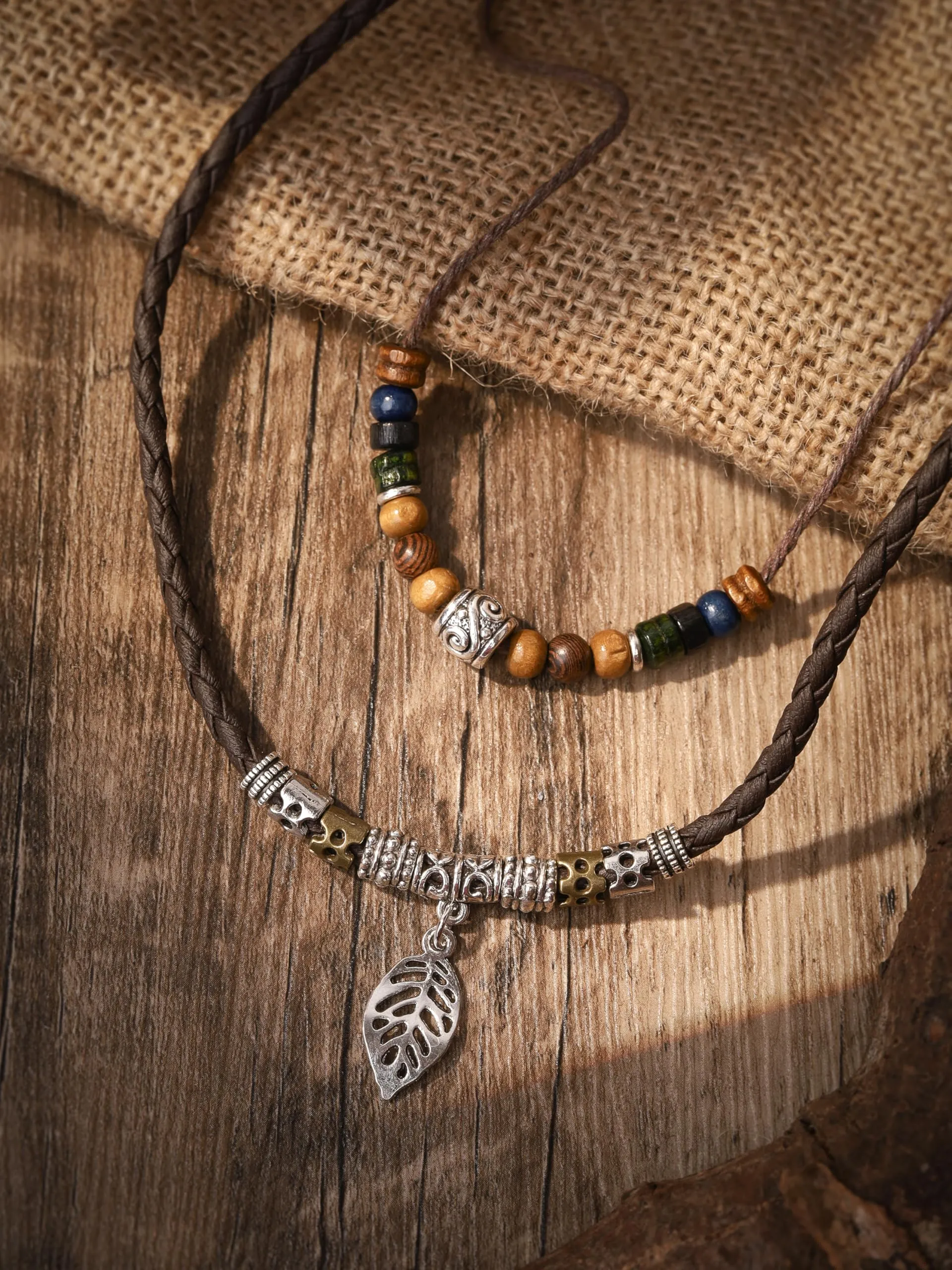 MINACHI Ethnic Boho Colorful Braided Rope Necklace, Multi-Layered, Wooden Beads, Copper Butterfly Pendant, Women's Jewelry