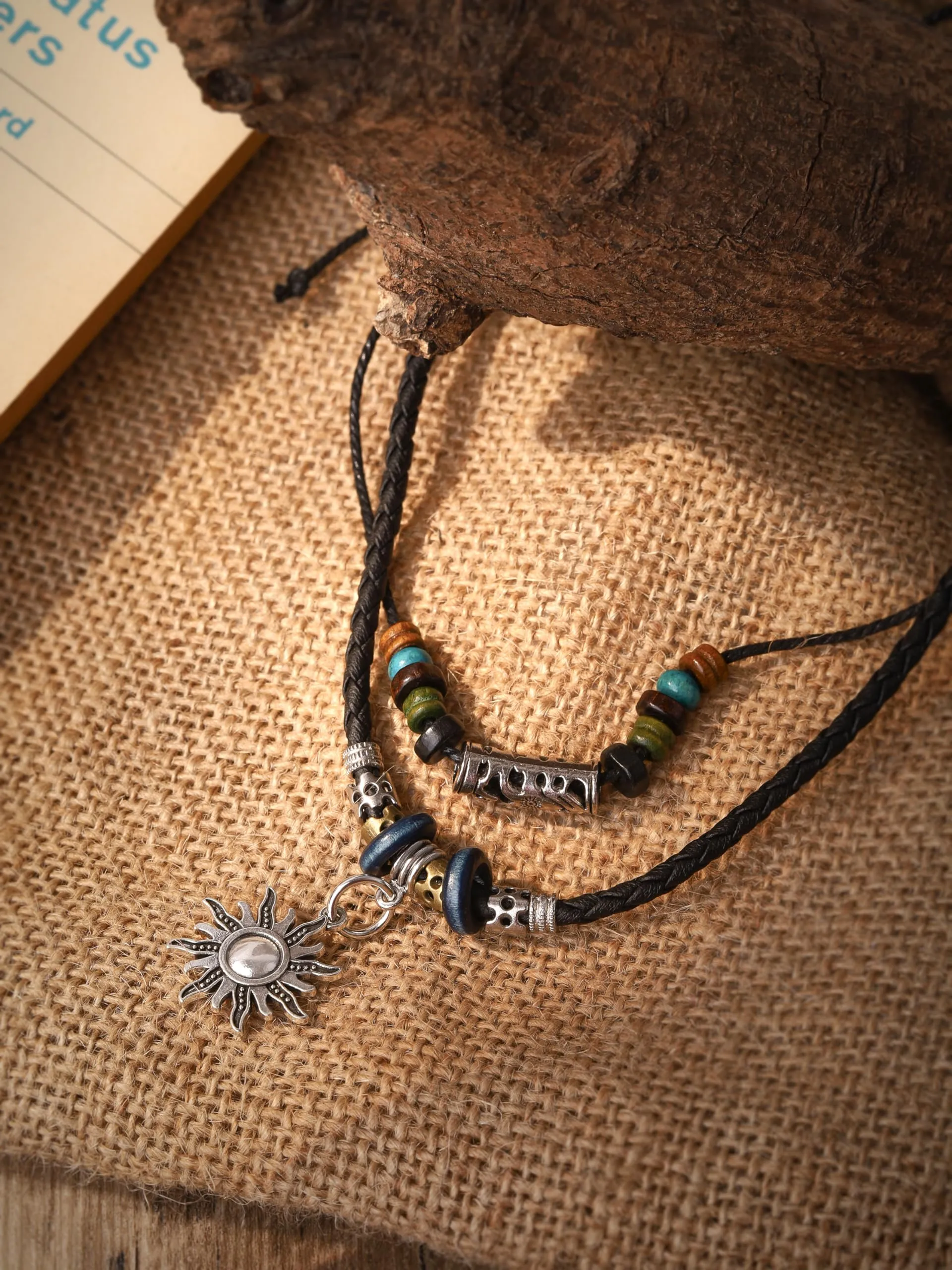MINACHI Ethnic Boho Colorful Braided Rope Necklace, Multi-Layered, Wooden Beads, Copper Butterfly Pendant, Women's Jewelry