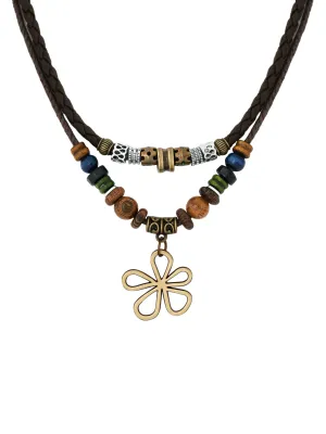 MINACHI Ethnic Boho Colorful Braided Rope Necklace, Multi-Layered, Wooden Beads, Copper Butterfly Pendant, Women's Jewelry