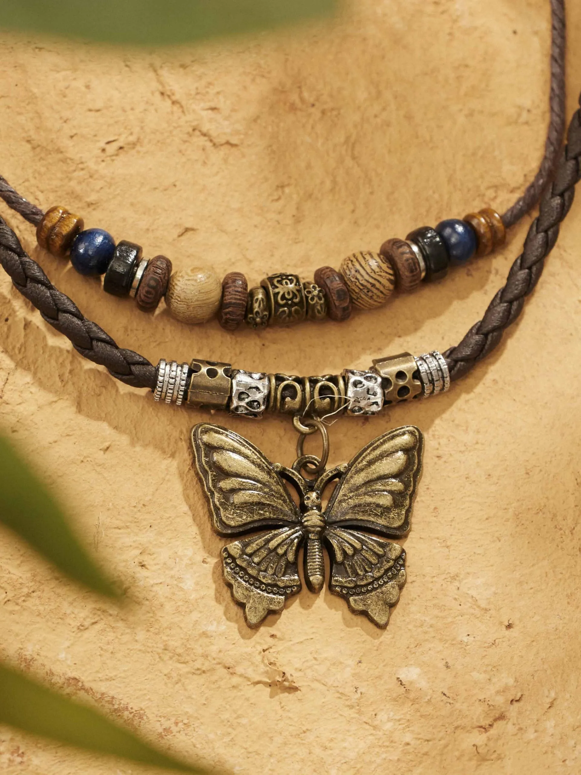 MINACHI Ethnic Boho Colorful Braided Rope Necklace, Multi-Layered, Wooden Beads, Copper Butterfly Pendant, Women's Jewelry