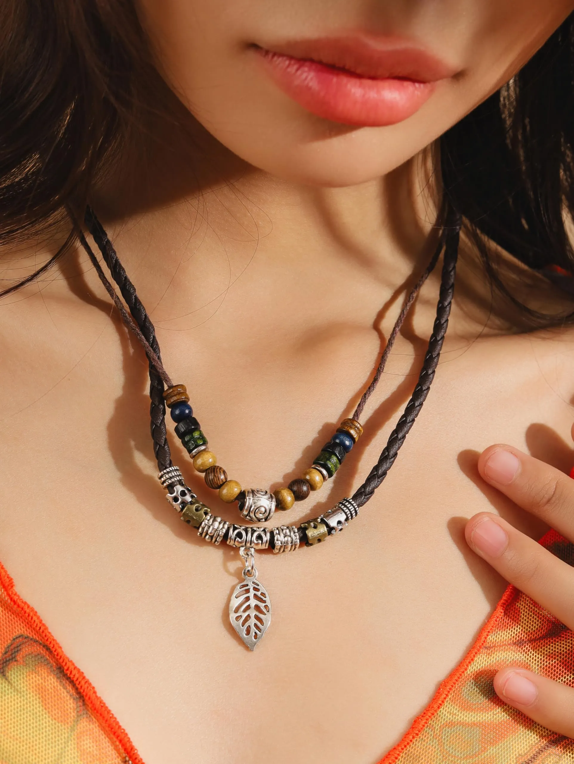 MINACHI Ethnic Boho Colorful Braided Rope Necklace, Multi-Layered, Wooden Beads, Copper Butterfly Pendant, Women's Jewelry