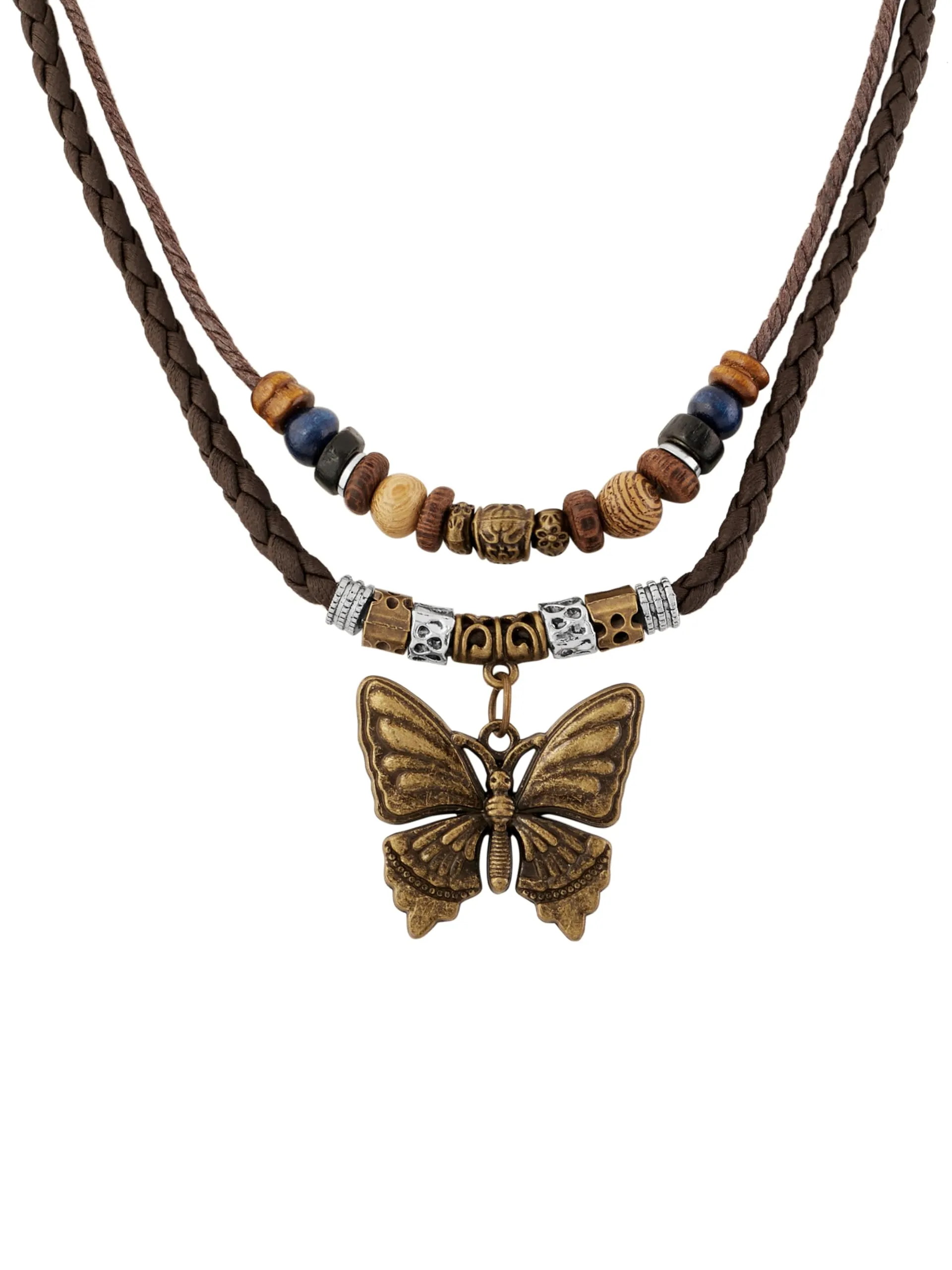 MINACHI Ethnic Boho Colorful Braided Rope Necklace, Multi-Layered, Wooden Beads, Copper Butterfly Pendant, Women's Jewelry