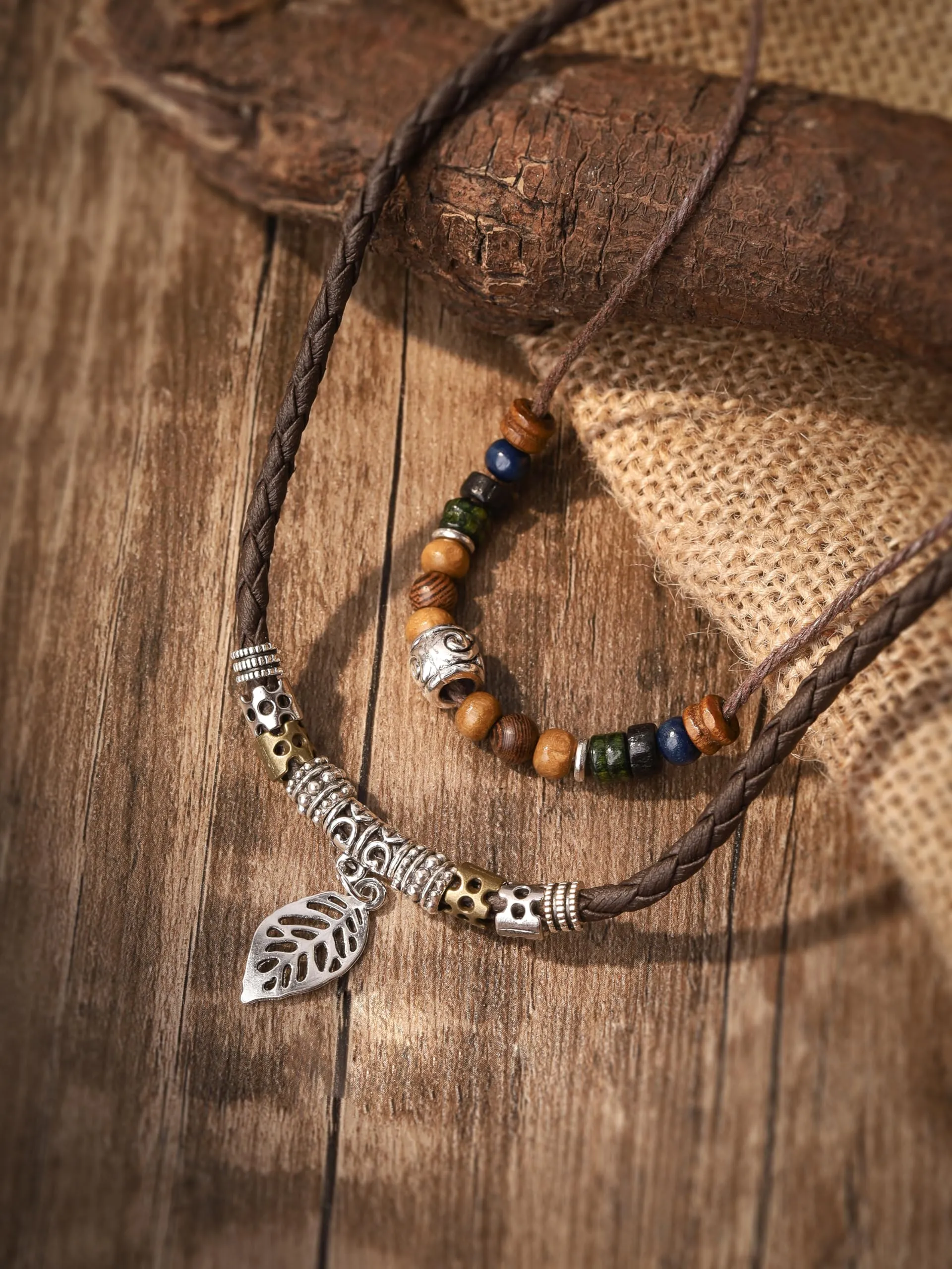 MINACHI Ethnic Boho Colorful Braided Rope Necklace, Multi-Layered, Wooden Beads, Copper Butterfly Pendant, Women's Jewelry