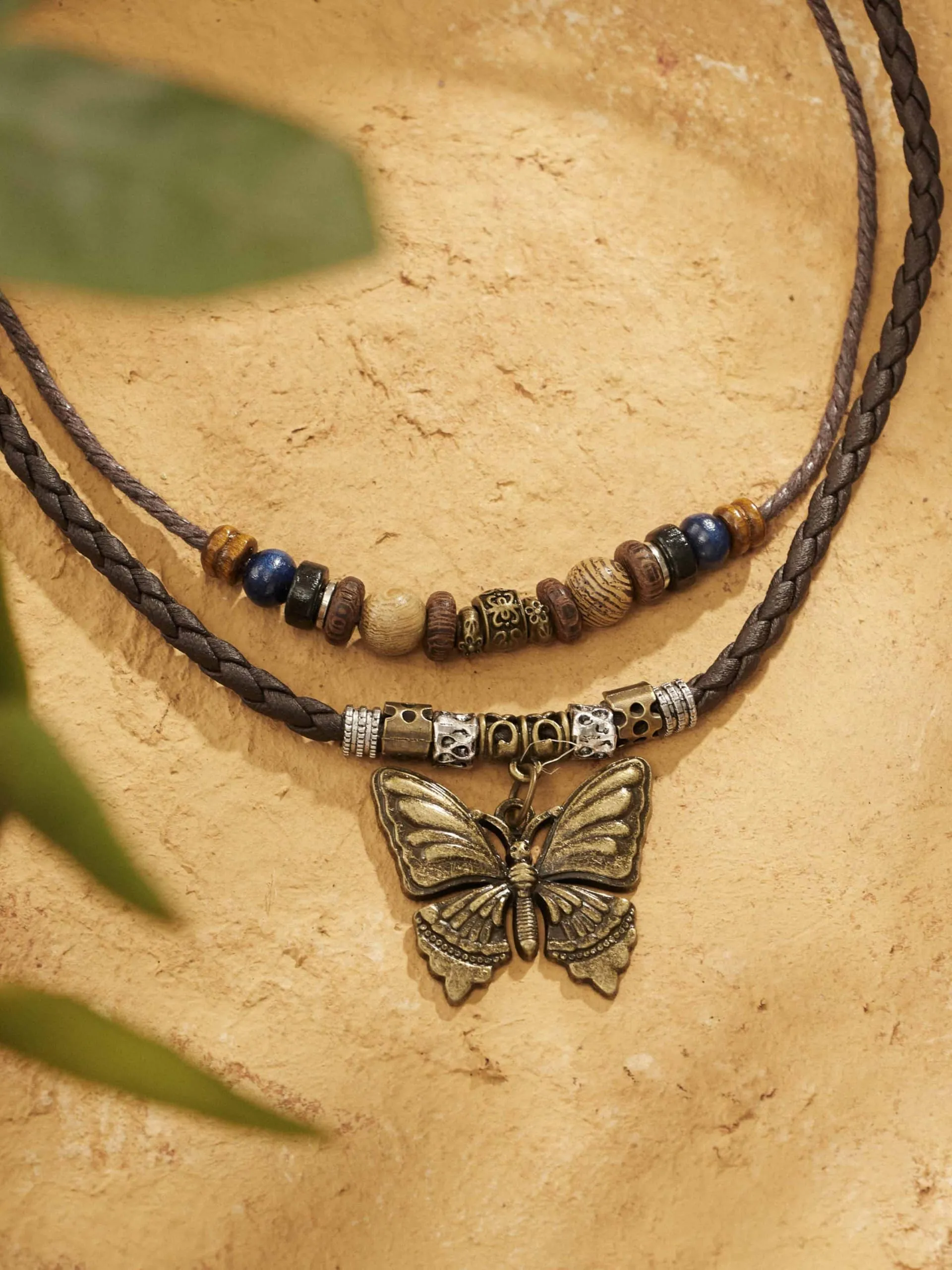 MINACHI Ethnic Boho Colorful Braided Rope Necklace, Multi-Layered, Wooden Beads, Copper Butterfly Pendant, Women's Jewelry