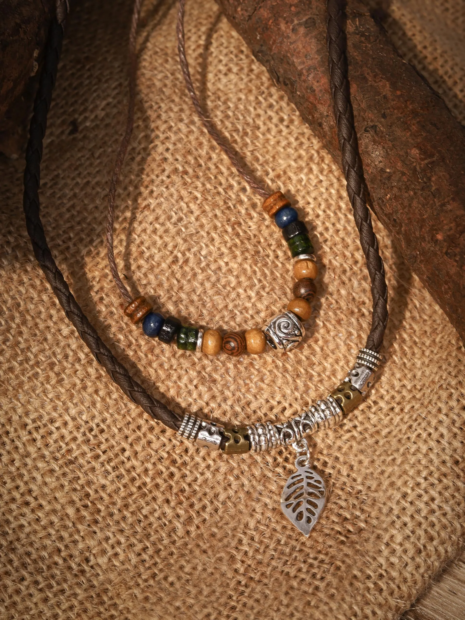 MINACHI Ethnic Boho Colorful Braided Rope Necklace, Multi-Layered, Wooden Beads, Copper Butterfly Pendant, Women's Jewelry