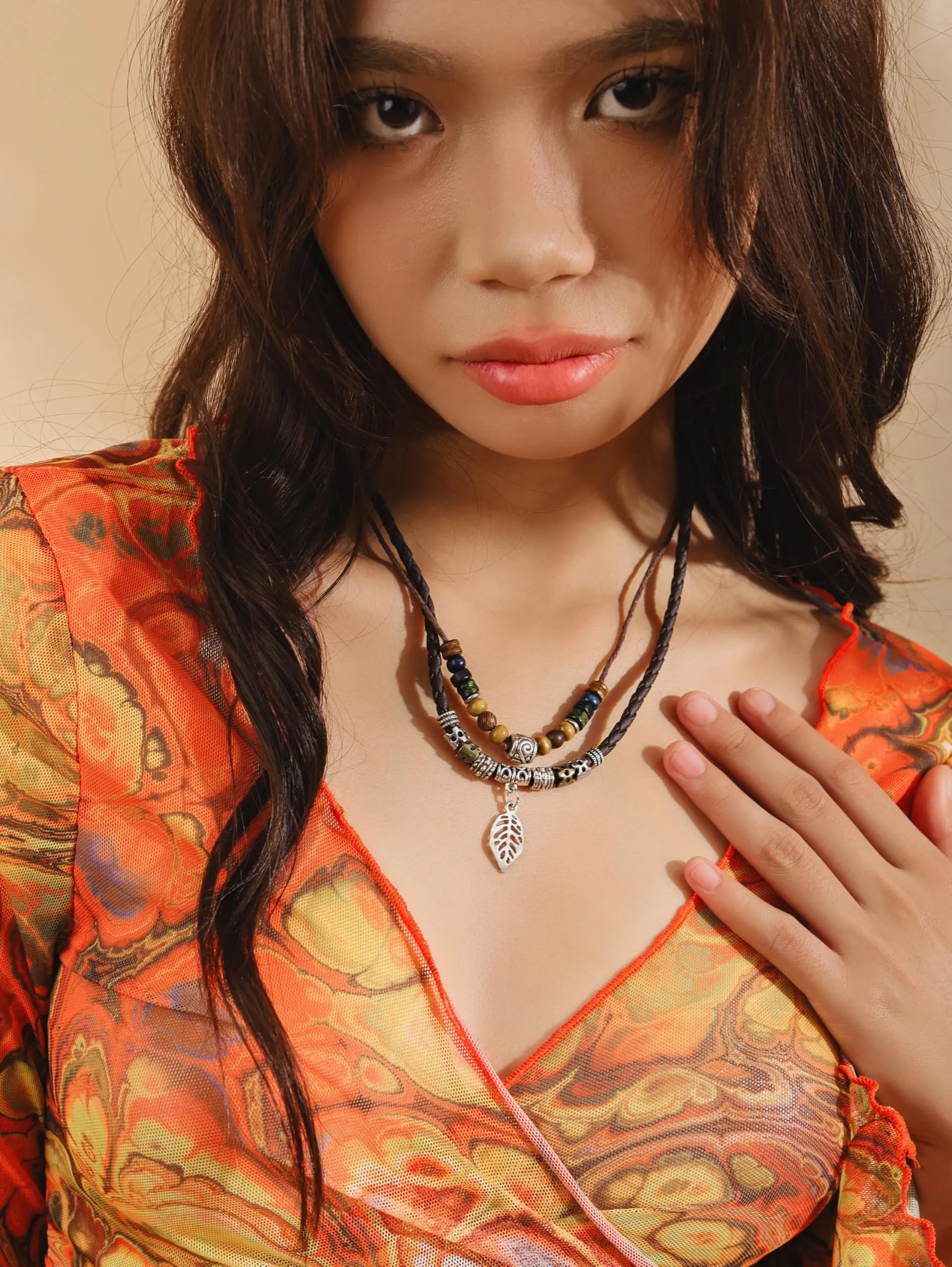 MINACHI Ethnic Boho Colorful Braided Rope Necklace, Multi-Layered, Wooden Beads, Copper Butterfly Pendant, Women's Jewelry