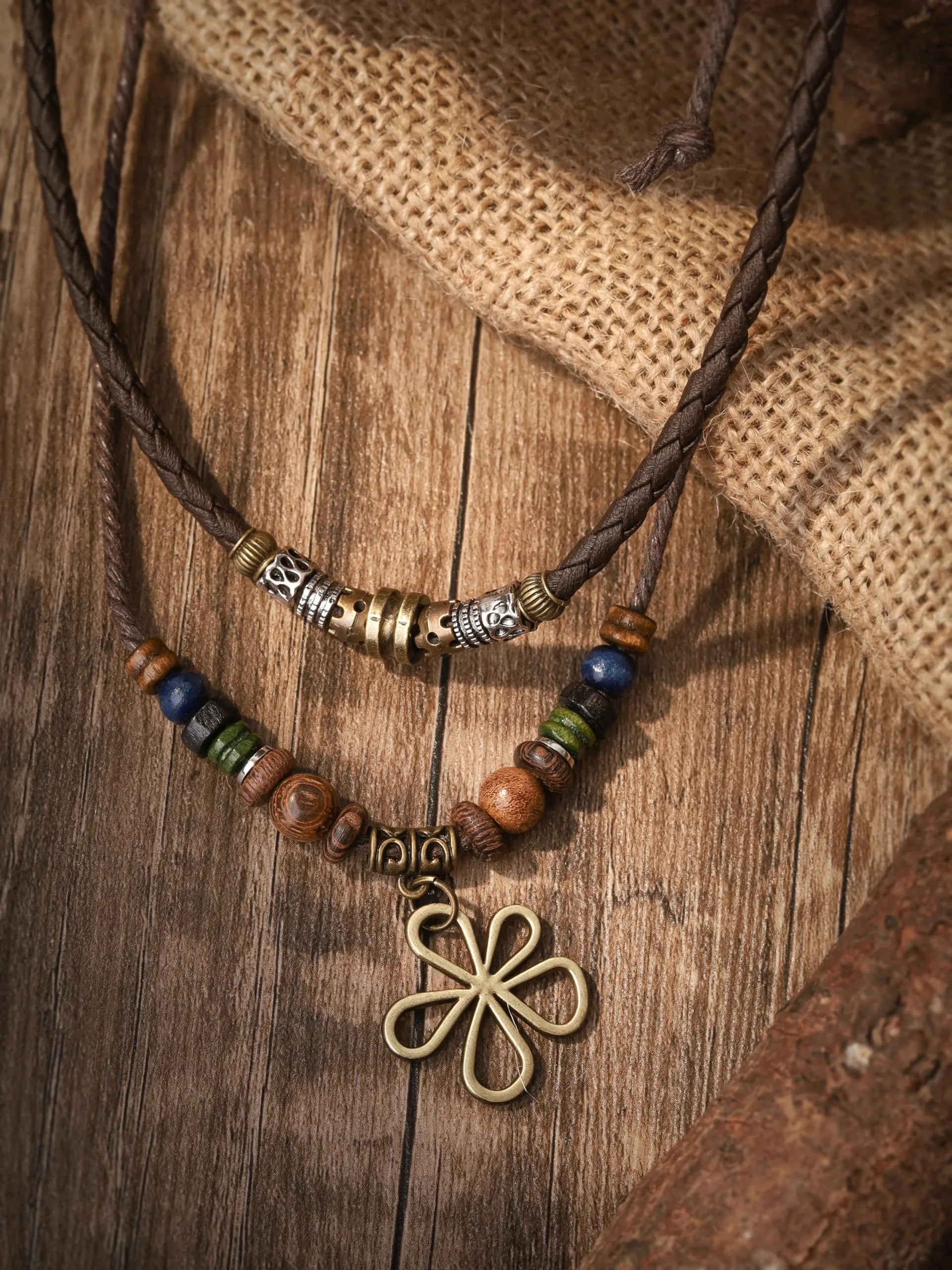 MINACHI Ethnic Boho Colorful Braided Rope Necklace, Multi-Layered, Wooden Beads, Copper Butterfly Pendant, Women's Jewelry