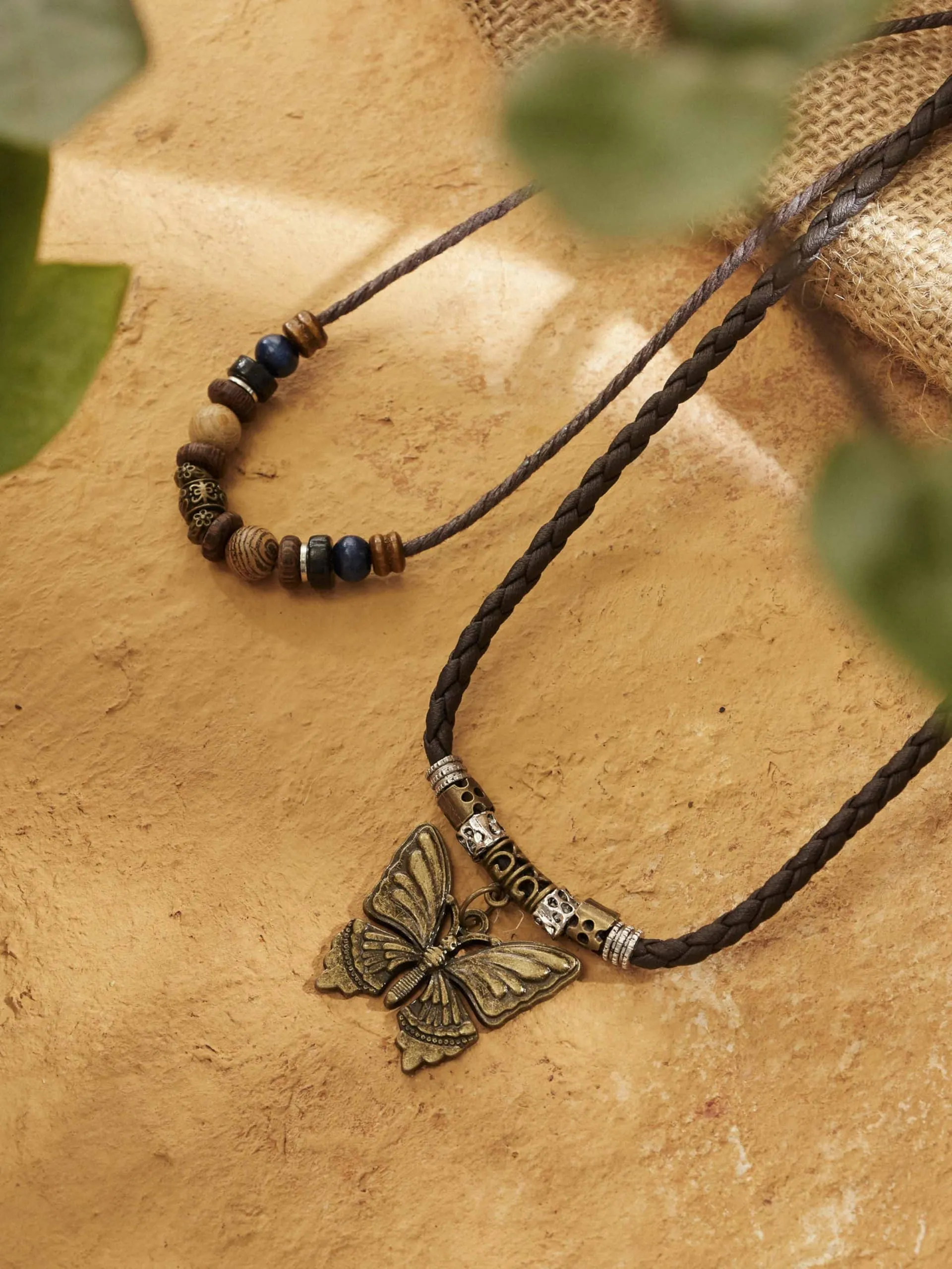 MINACHI Ethnic Boho Colorful Braided Rope Necklace, Multi-Layered, Wooden Beads, Copper Butterfly Pendant, Women's Jewelry