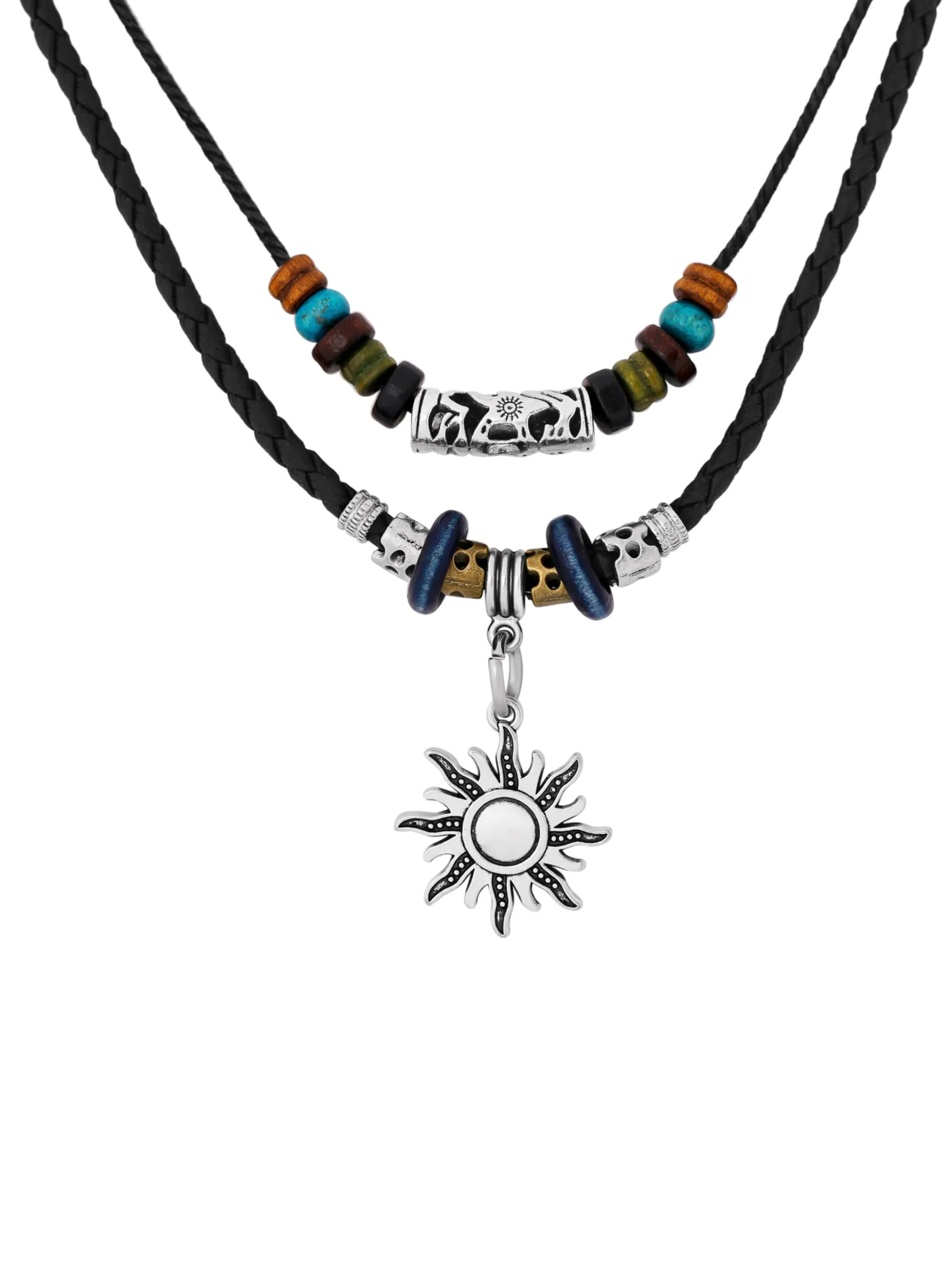 MINACHI Ethnic Boho Colorful Braided Rope Necklace, Multi-Layered, Wooden Beads, Copper Butterfly Pendant, Women's Jewelry