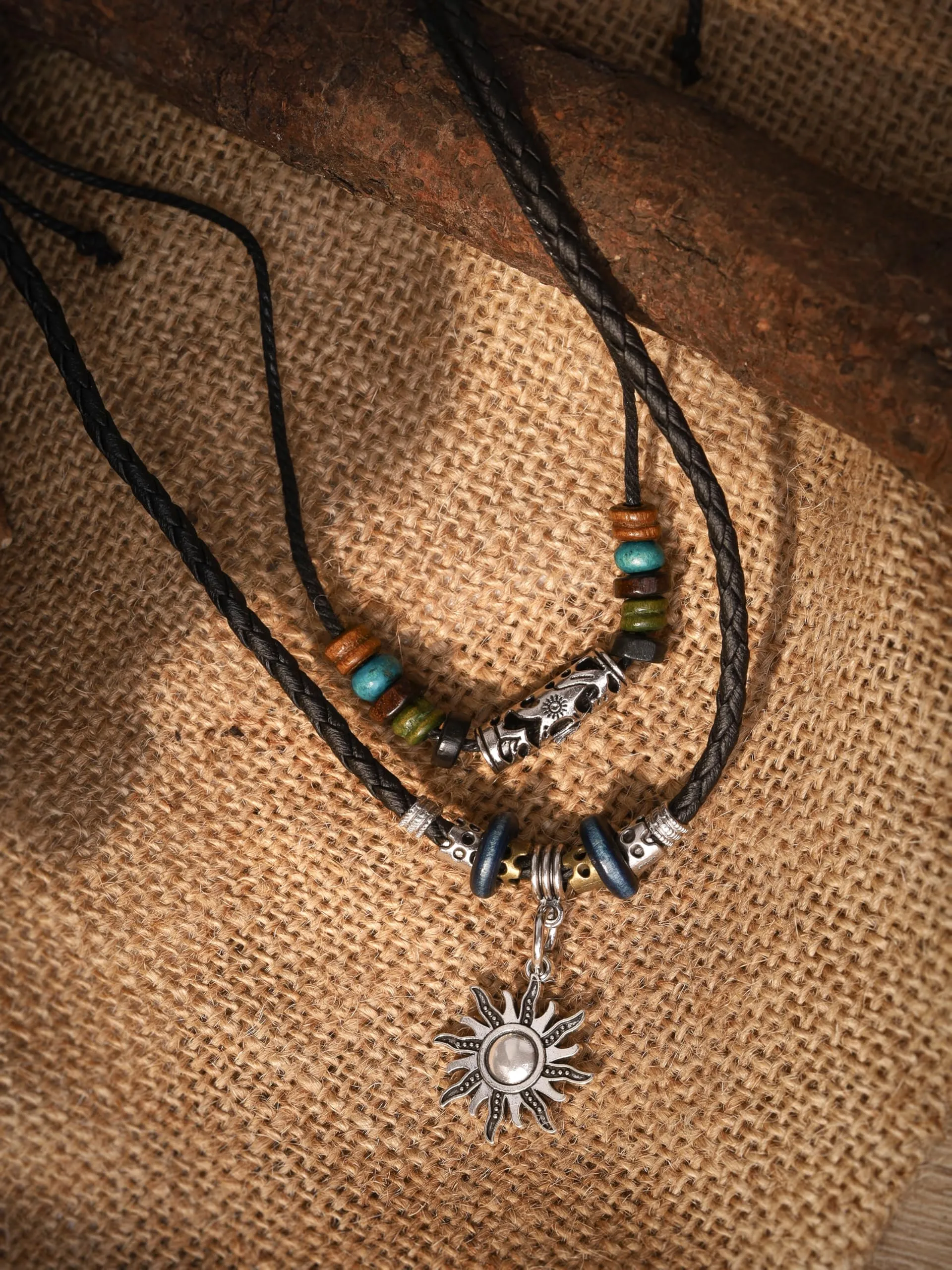 MINACHI Ethnic Boho Colorful Braided Rope Necklace, Multi-Layered, Wooden Beads, Copper Butterfly Pendant, Women's Jewelry
