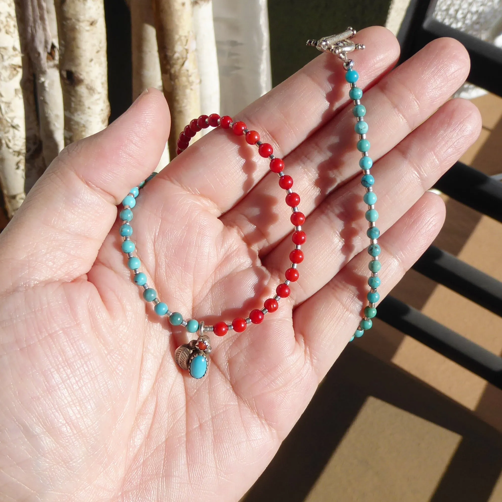 Mini coral and turquoise pendant necklace