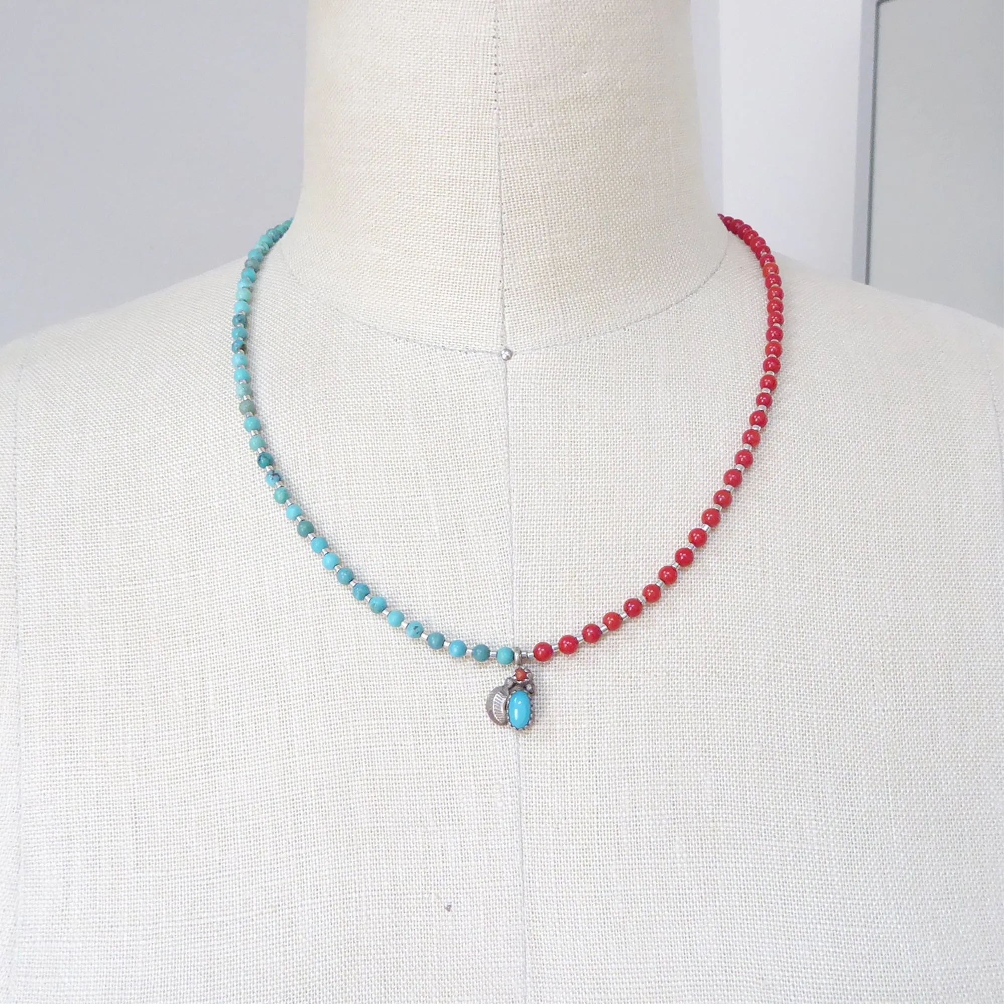 Mini coral and turquoise pendant necklace