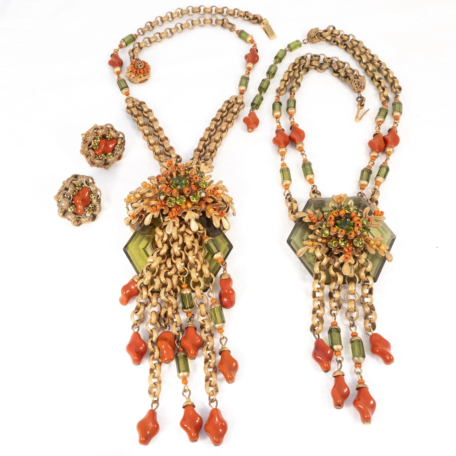 Miriam Haskell Coral Glass Chain Cluster Earrings