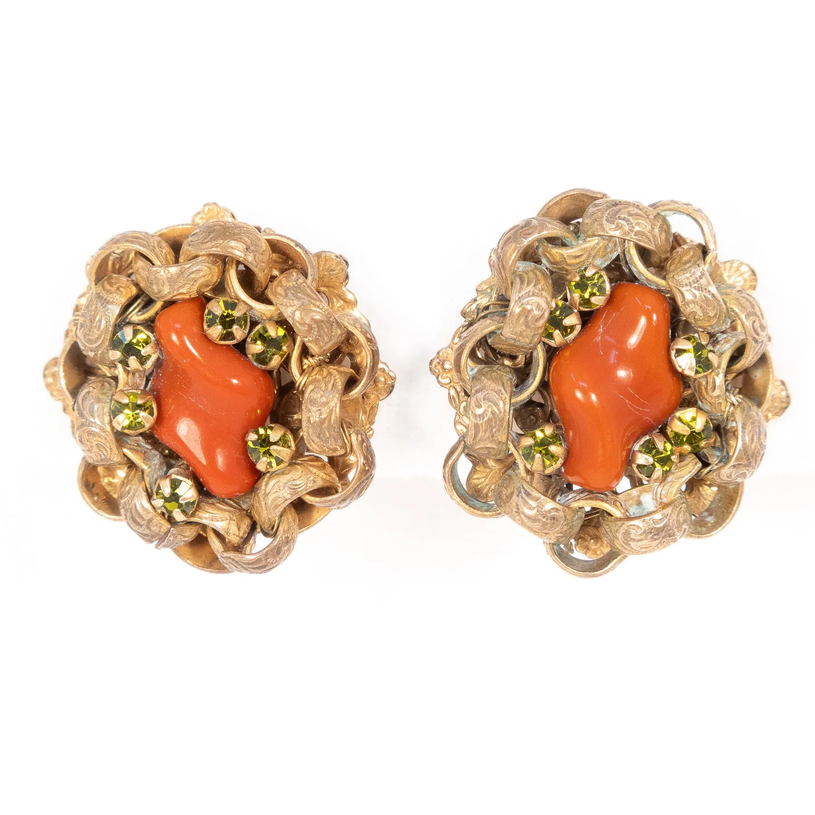 Miriam Haskell Coral Glass Chain Cluster Earrings