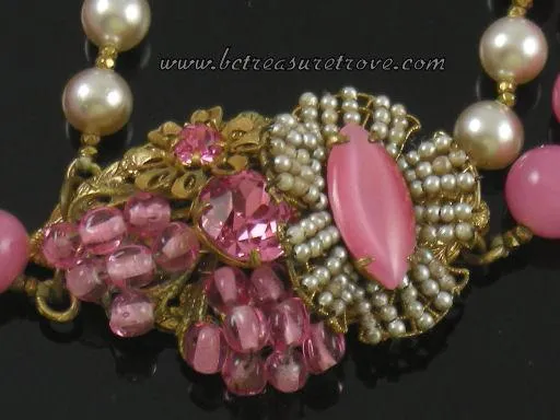 Miriam Haskell Pink and Faux Pearl Vintage Choker Necklace