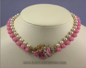 Miriam Haskell Pink and Faux Pearl Vintage Choker Necklace