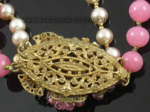 Miriam Haskell Pink and Faux Pearl Vintage Choker Necklace