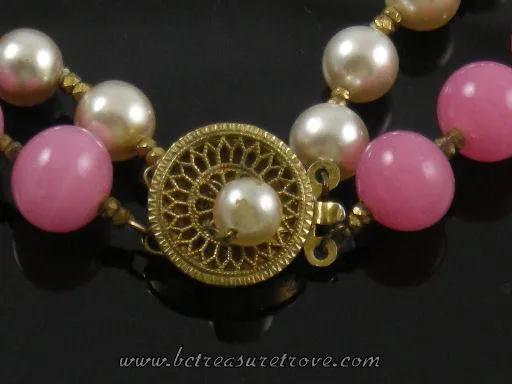 Miriam Haskell Pink and Faux Pearl Vintage Choker Necklace