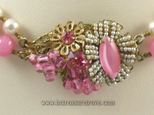 Miriam Haskell Pink and Faux Pearl Vintage Choker Necklace