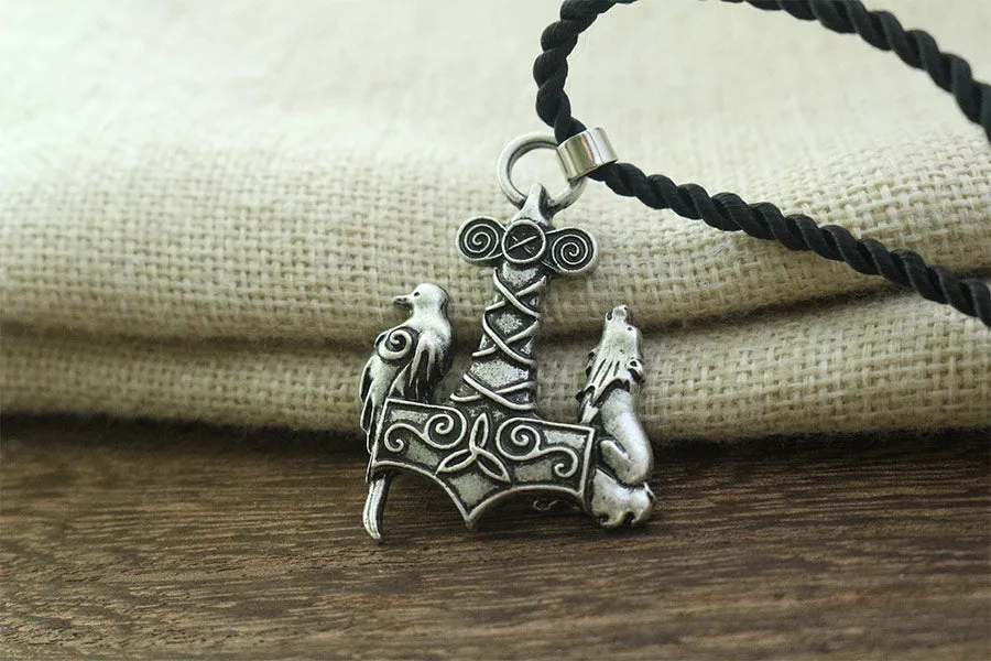 Mjolnir Wolf and Raven Necklace