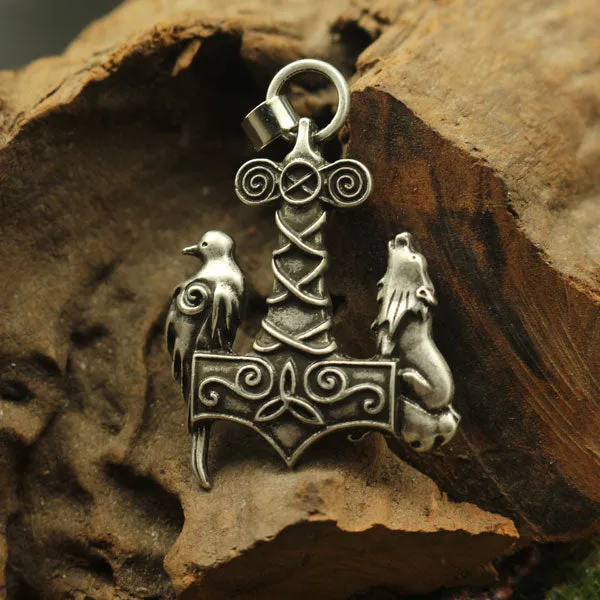 Mjolnir Wolf and Raven Necklace