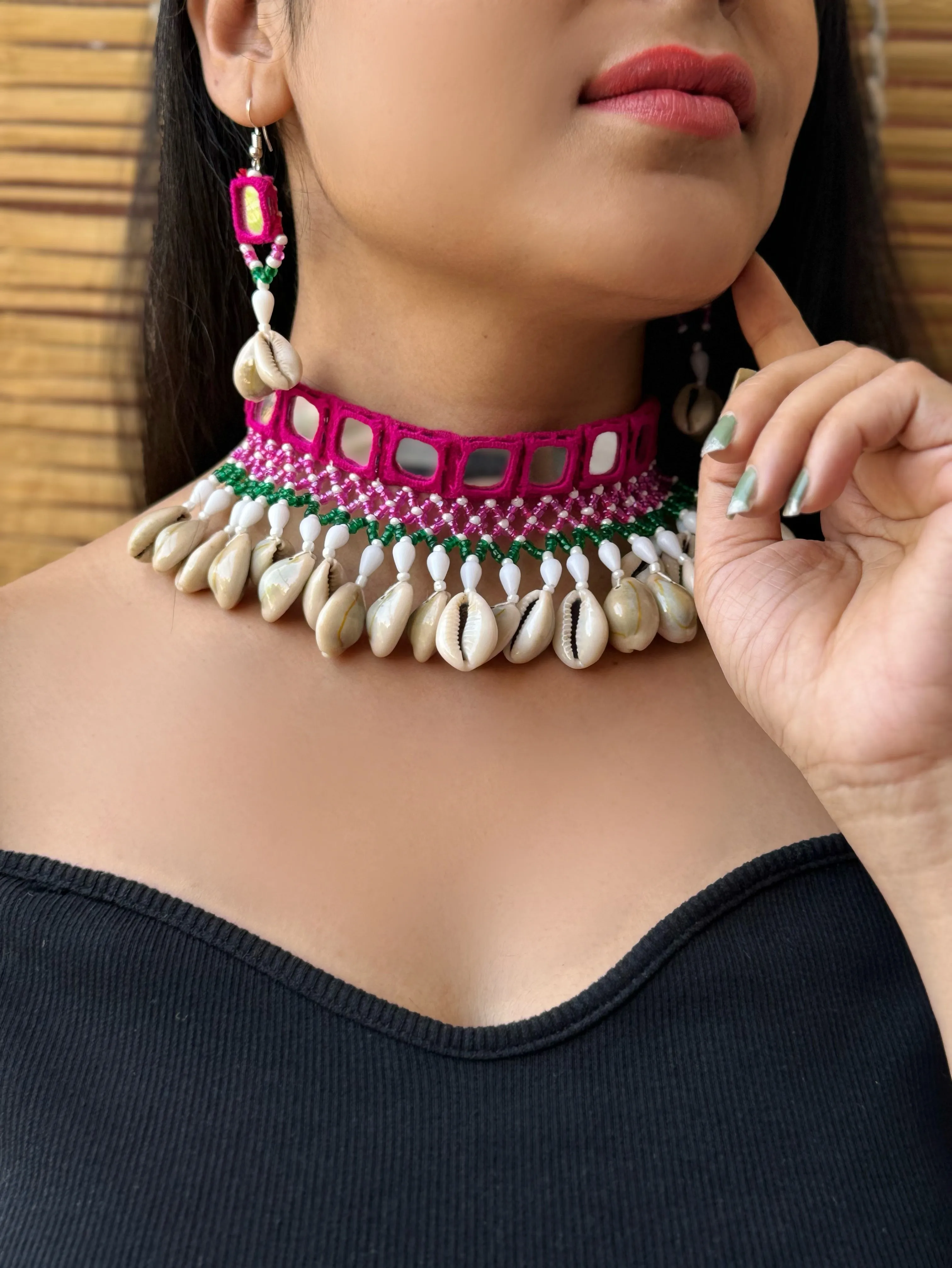 Mohika Mirrorwork Fabric Choker   Earrings Set