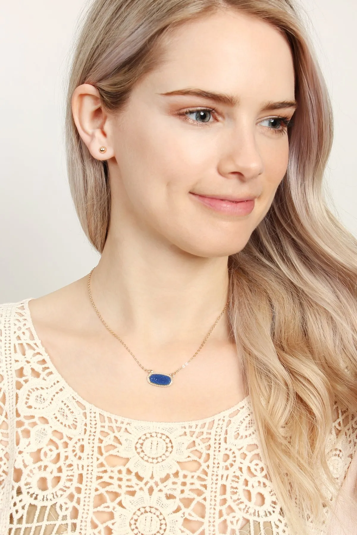 Montana Blue Druzy Oval Stone Pendant Necklace and Earring Set - Pack of 6