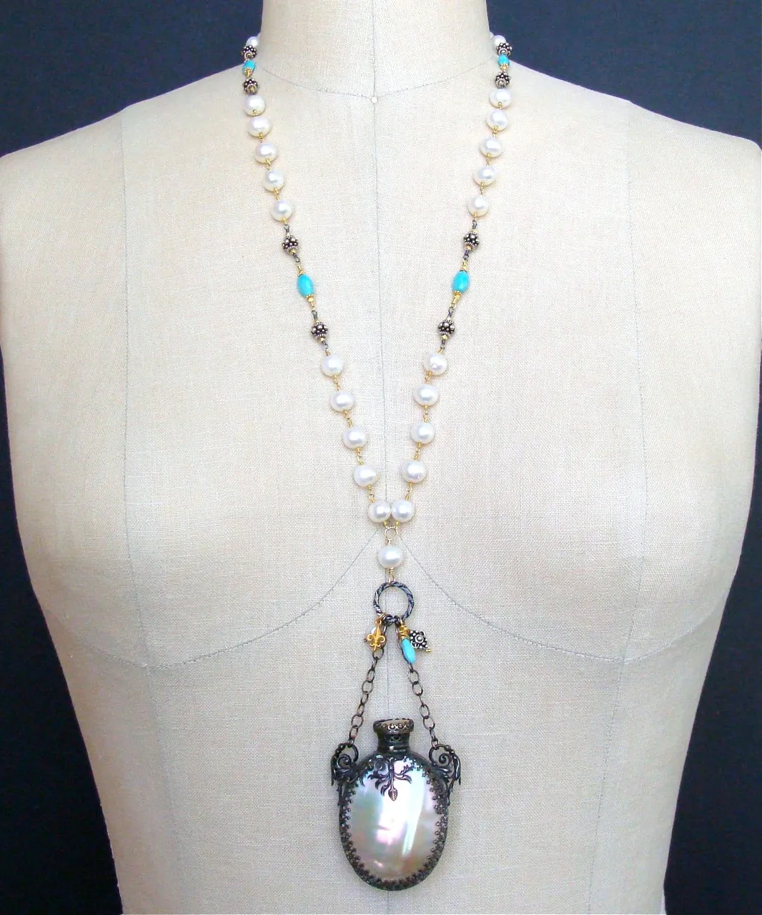 Mother of Pearl Chatelaine Scent Bottle Pearls Sleeping Beauty Turquoise Necklace -  Alana Necklace