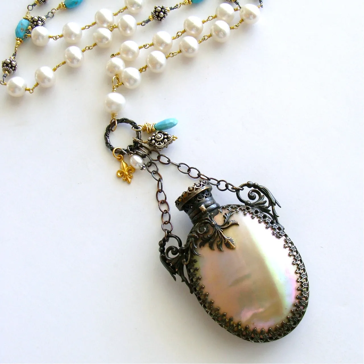 Mother of Pearl Chatelaine Scent Bottle Pearls Sleeping Beauty Turquoise Necklace -  Alana Necklace