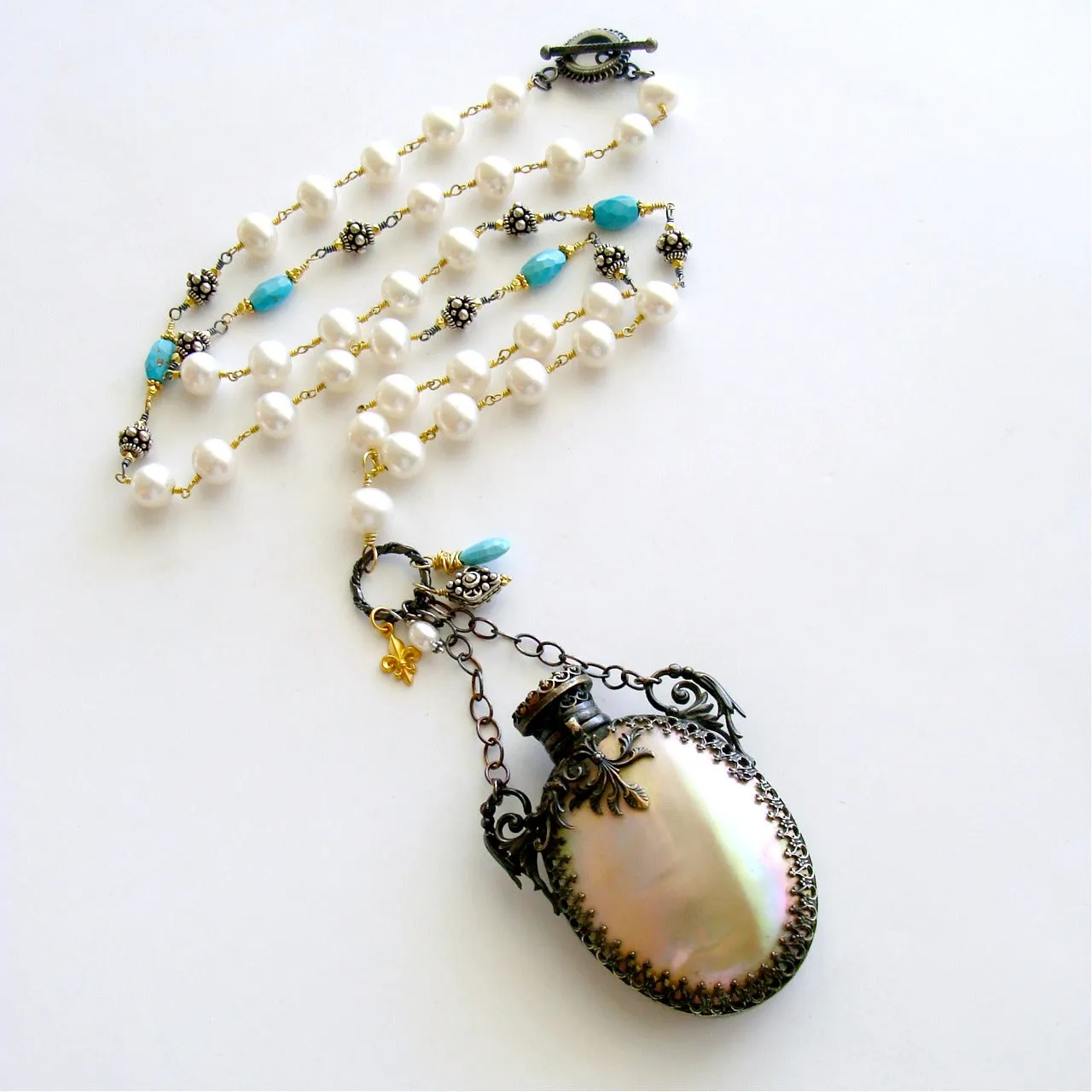 Mother of Pearl Chatelaine Scent Bottle Pearls Sleeping Beauty Turquoise Necklace -  Alana Necklace