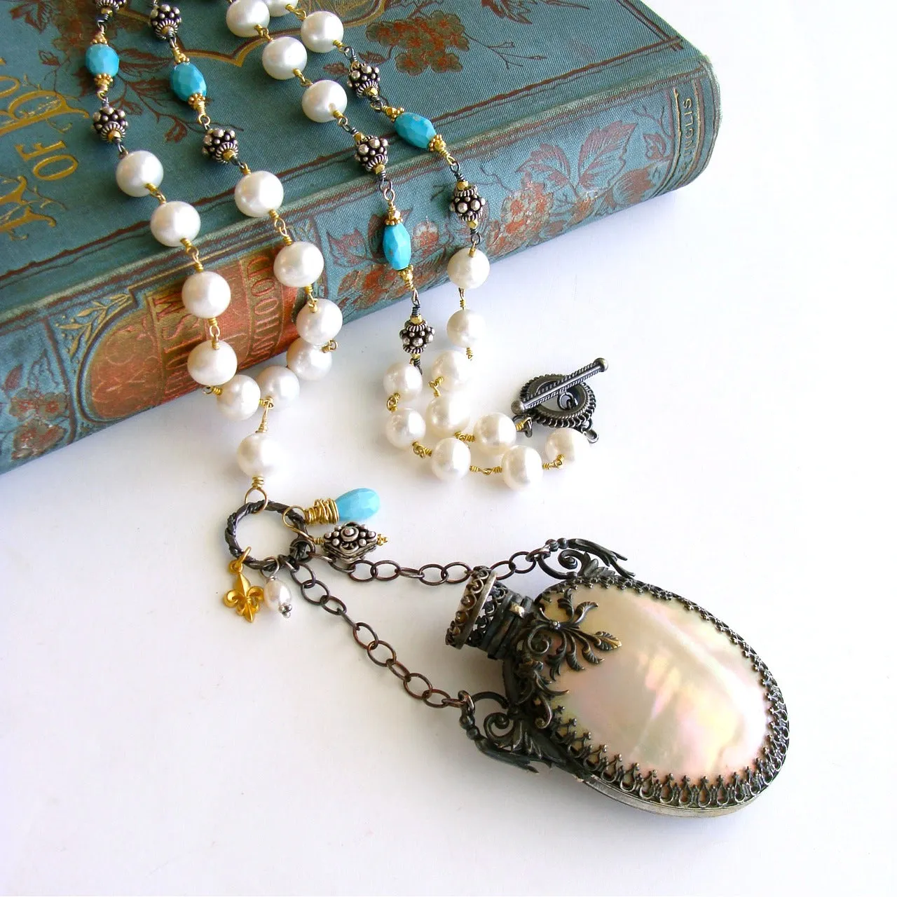 Mother of Pearl Chatelaine Scent Bottle Pearls Sleeping Beauty Turquoise Necklace -  Alana Necklace